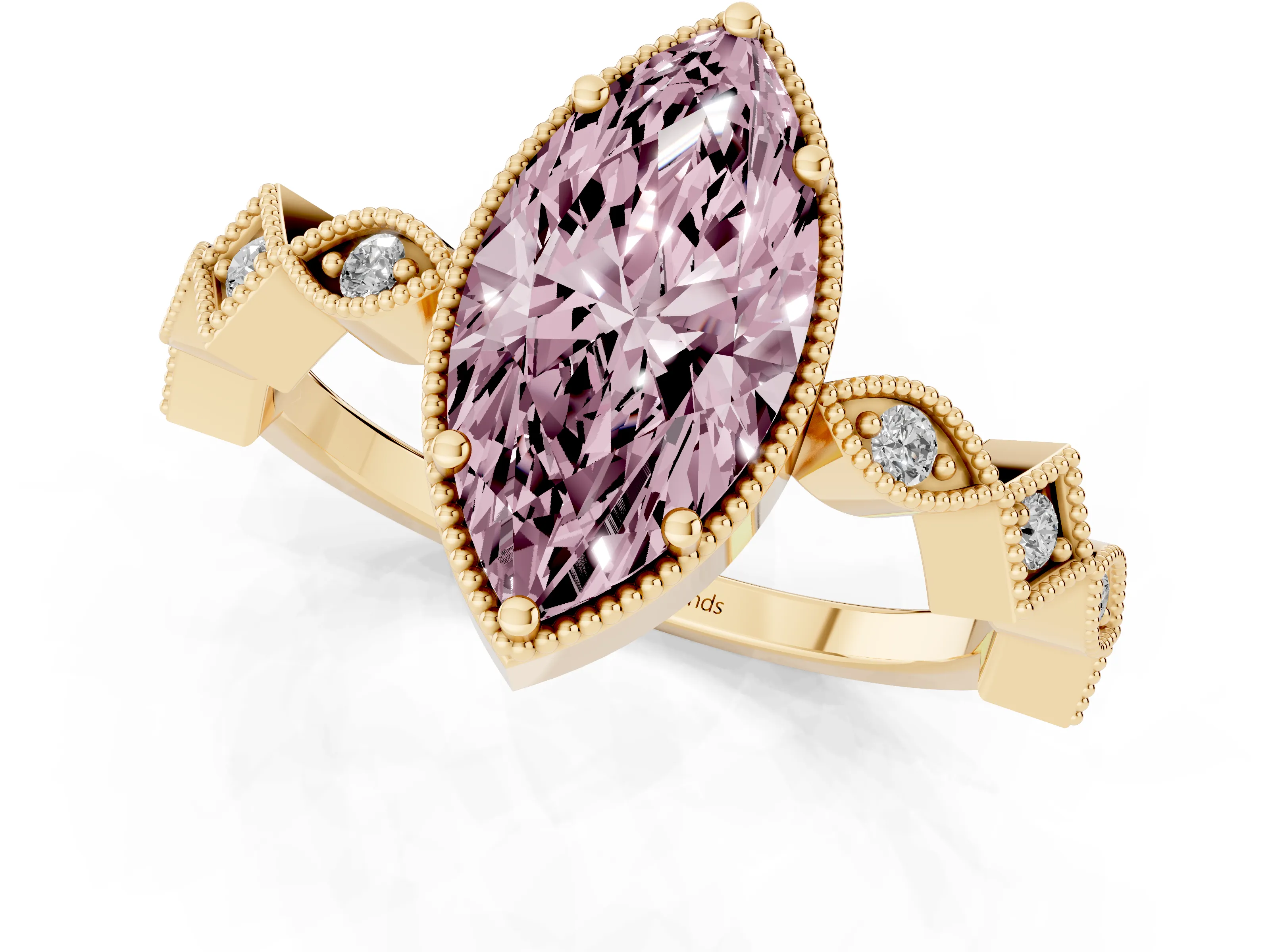 Fancy Pink Marquise Cut Diamond Milgrain Marquise Twist Band Ring Set in Yellow gold with Prong Setting