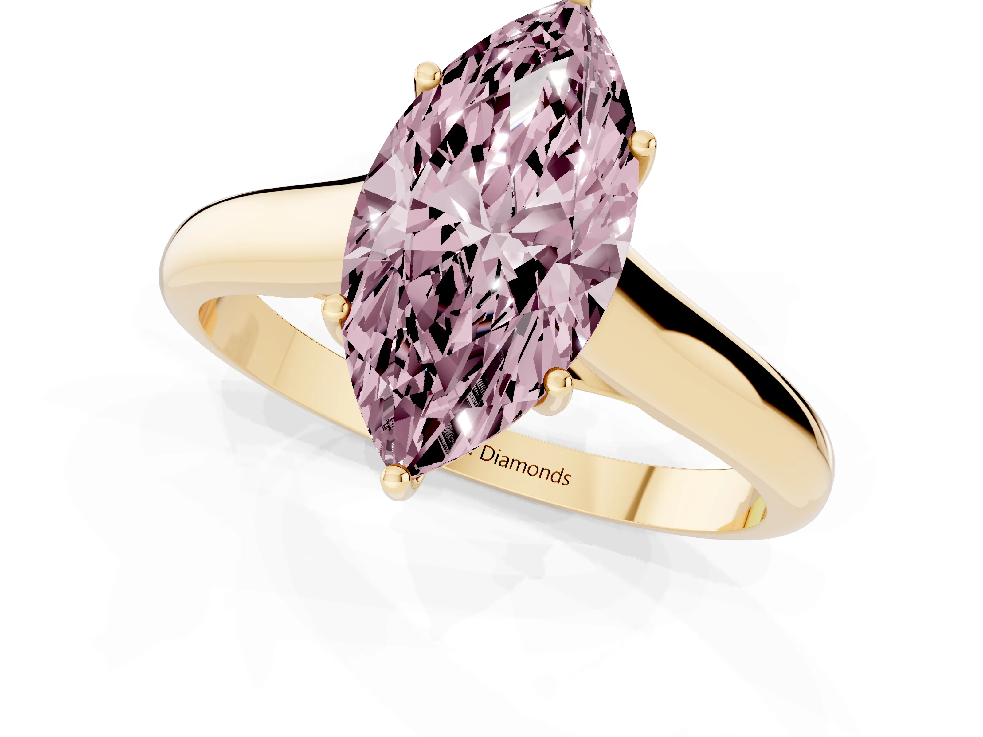 Fancy Pink Marquise Cut Diamond Solitaire Engagement Ring Set in Yellow gold with Subtly Tapered Band and Prong Setting