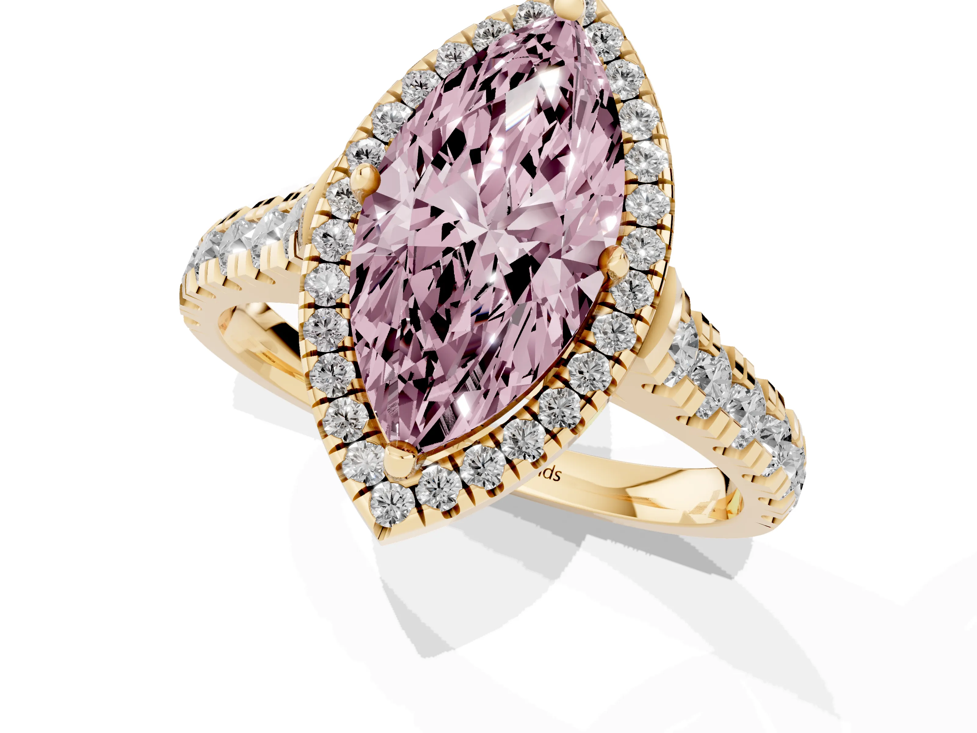 Fancy Pink Marquise Cut Diamond Halo Engagement Ring Set in Yellow gold with Pavé Band and Prong-Set Center