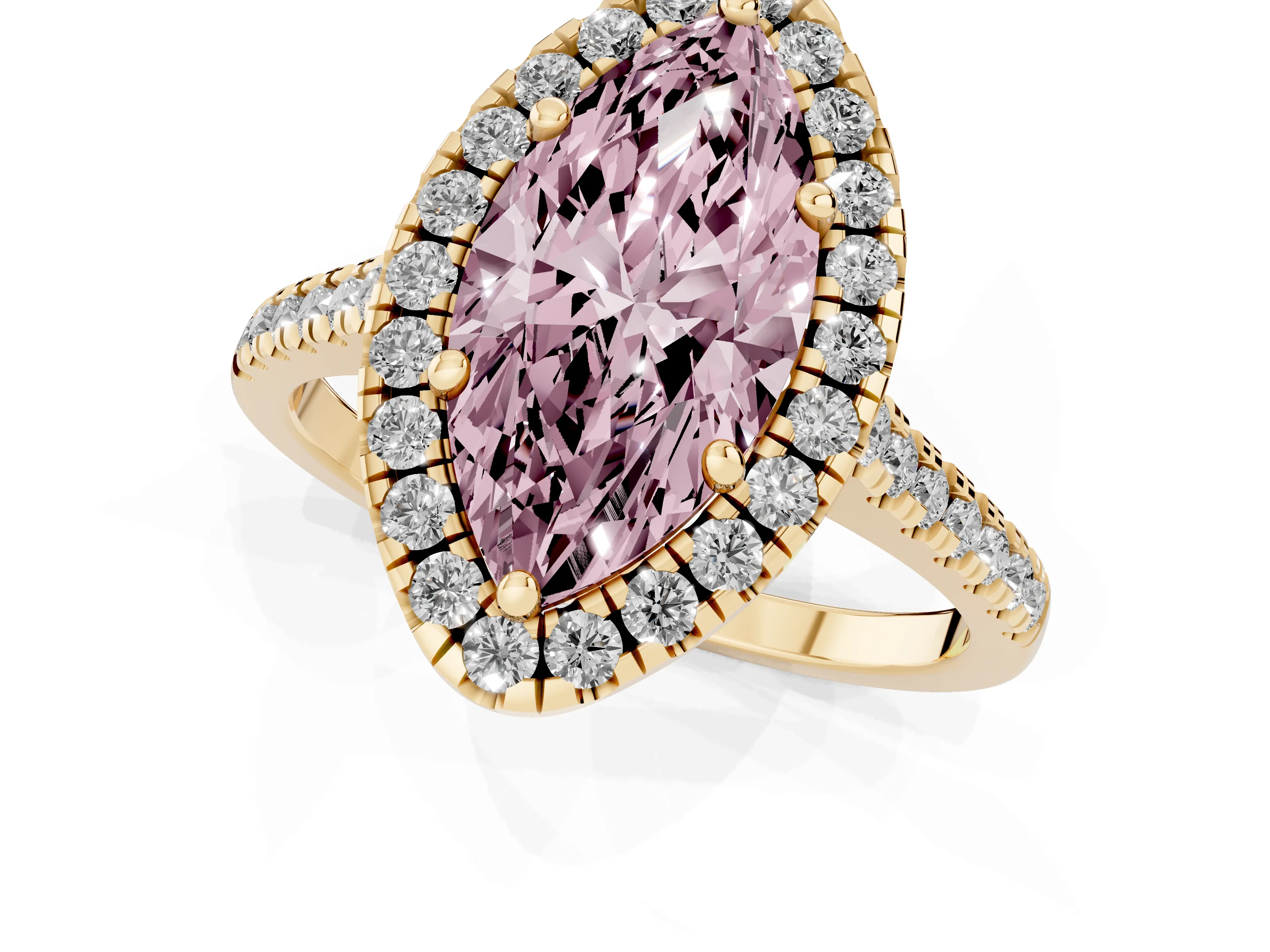 Fancy Pink Marquise Cut Diamond Cushion Halo Ring Set in Yellow gold with Pavé Band