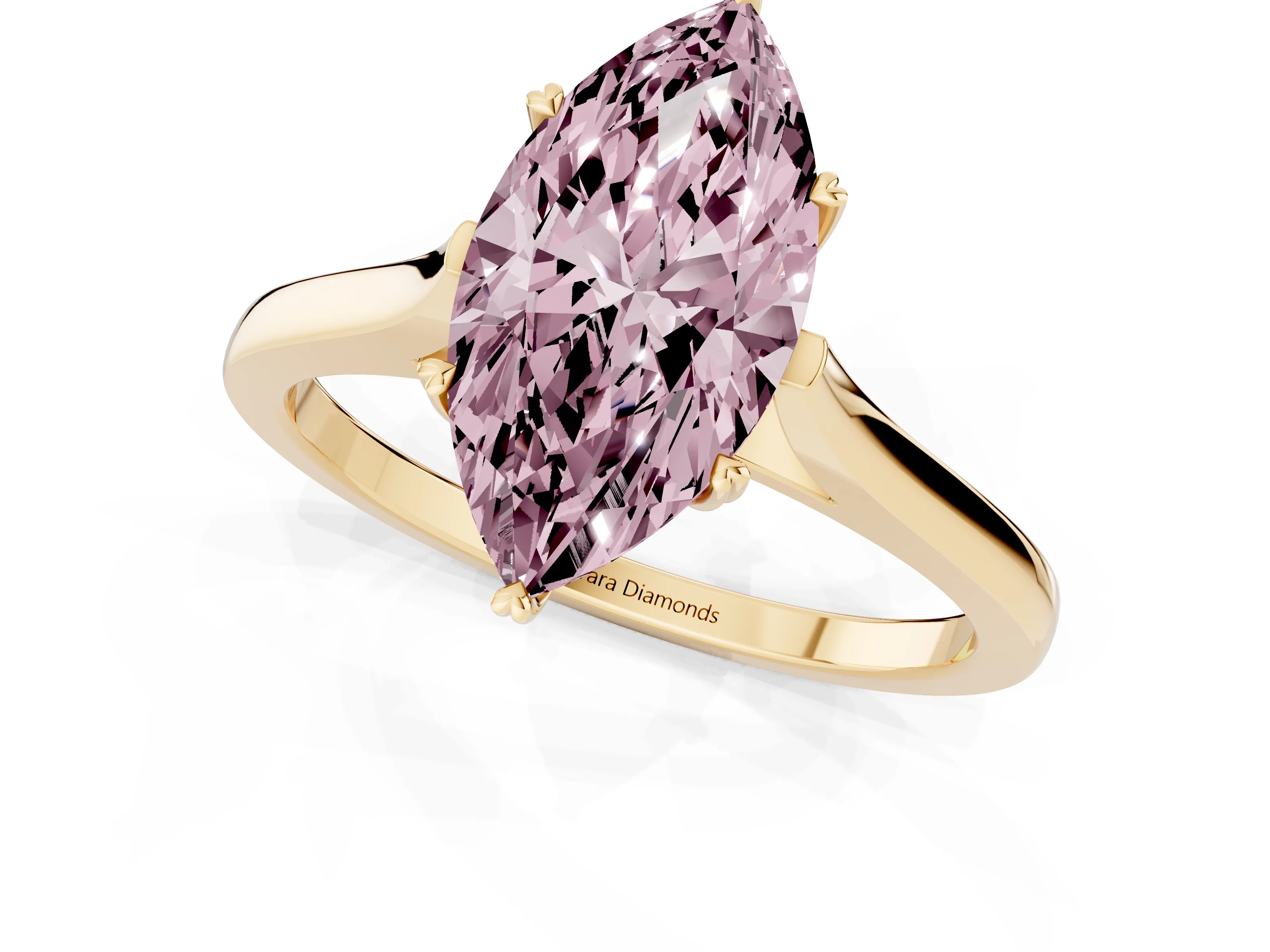 Fancy Pink Marquise Cut Diamond Solitaire Heart Prong Engagement Ring Set in Yellow gold with Tapered Band