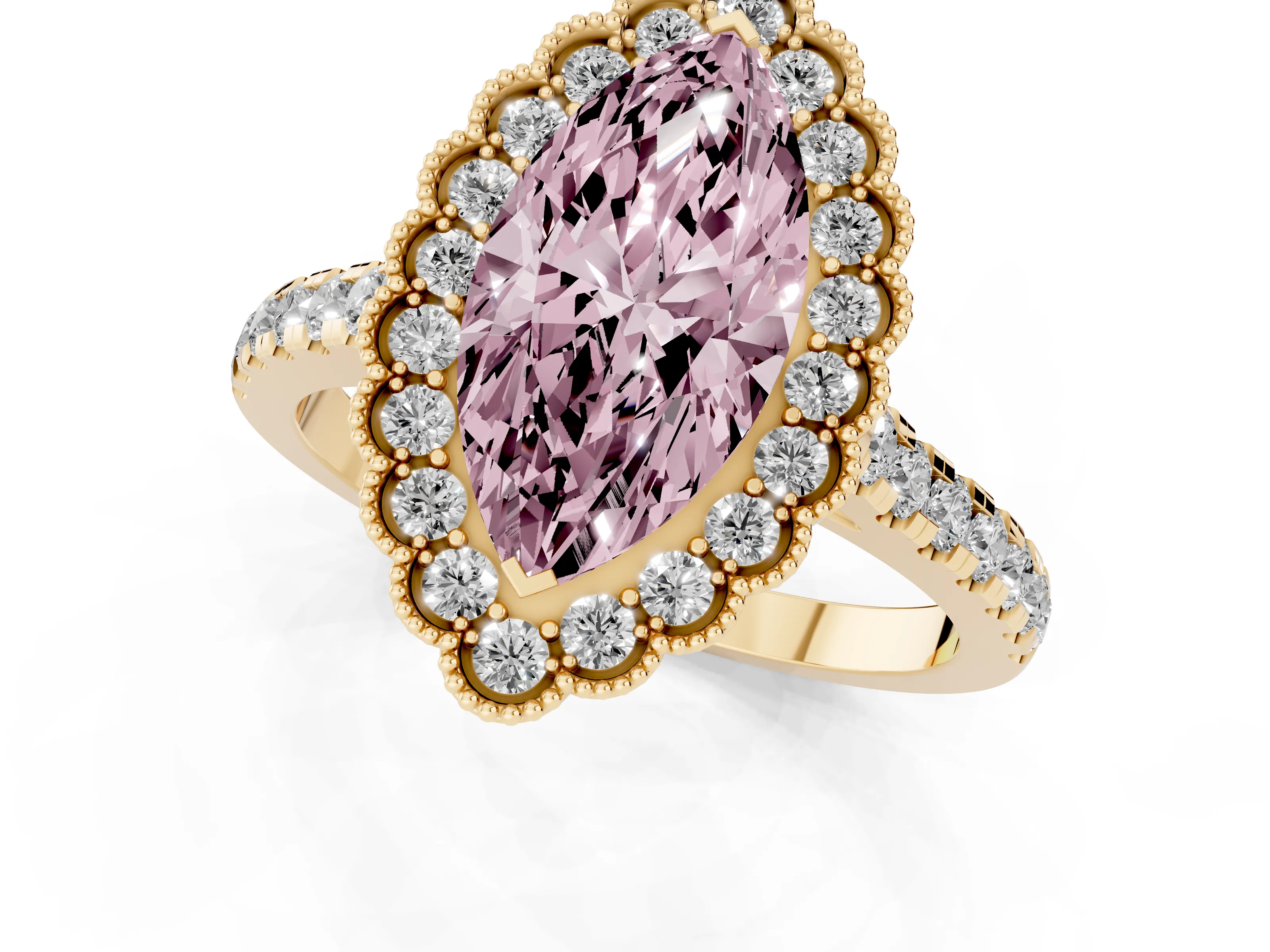 Fancy Pink Marquise Cut Diamond Milgrain Floral Halo Engagement Ring Set in Yellow gold with Pavé Band