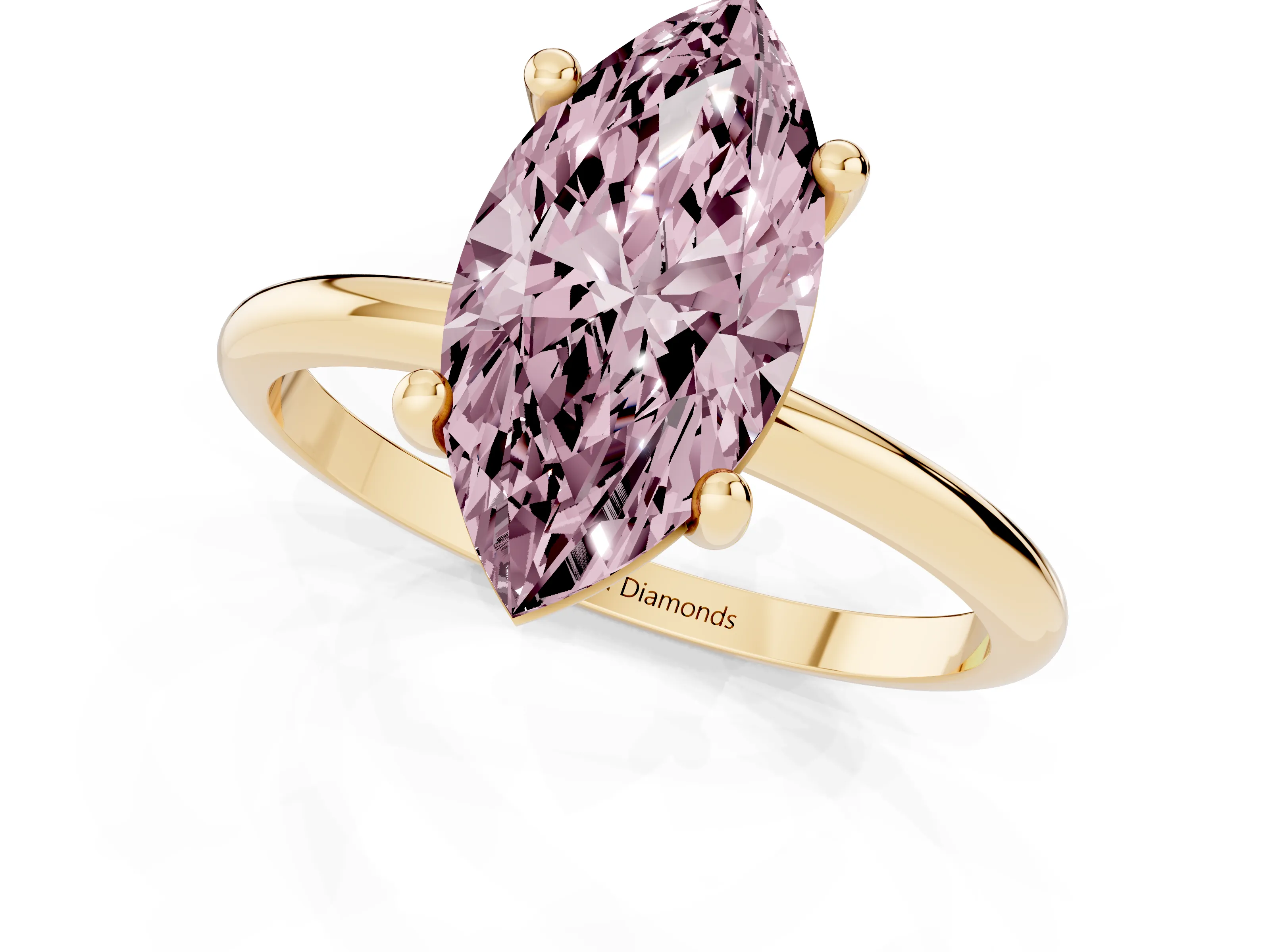 Fancy Pink Marquise Cut Diamond Solitaire Ring Set in Yellow gold with Secure Prong Setting on a Classic Band