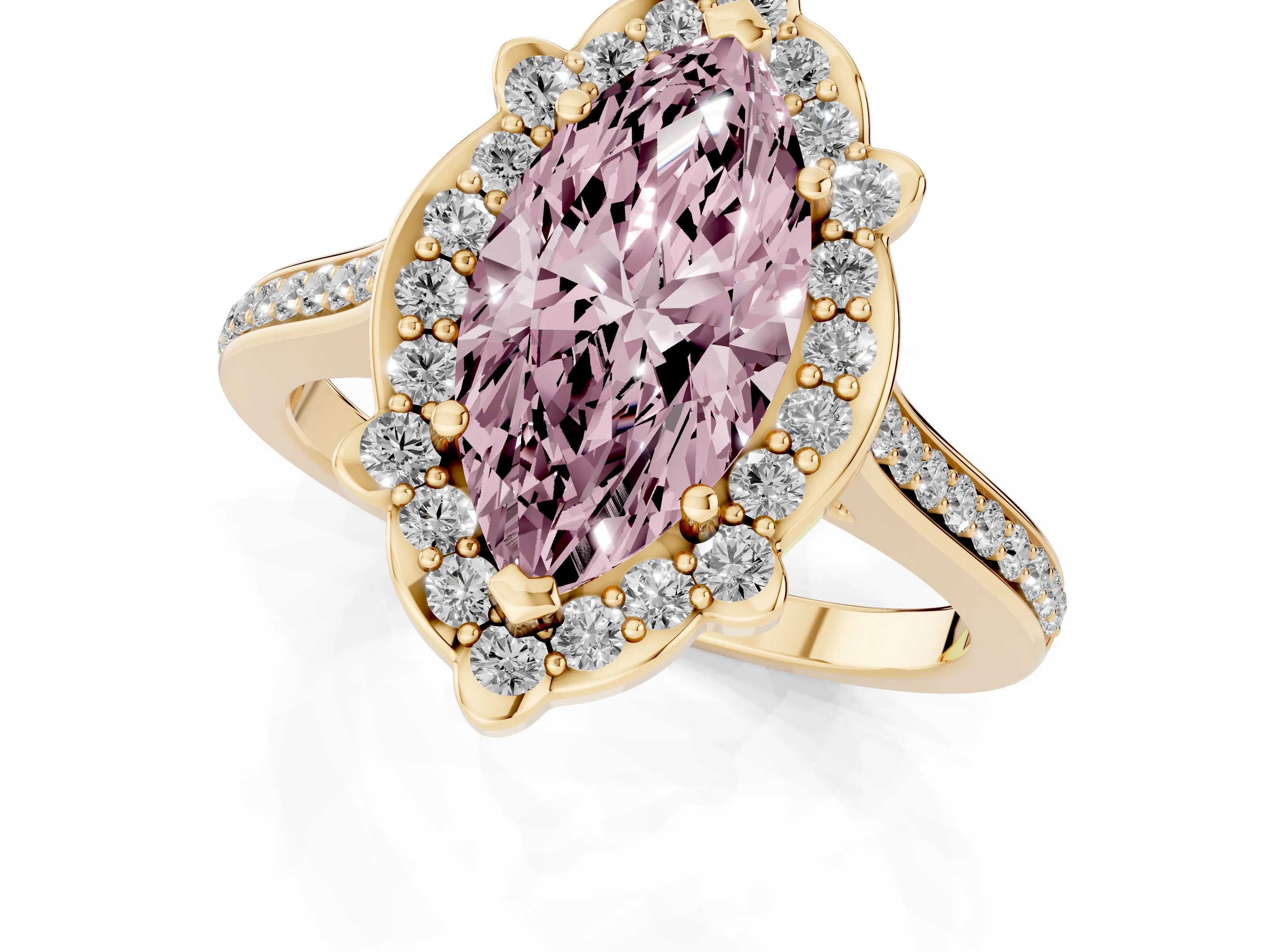 Fancy Pink Marquise Cut Diamond Halo Ring Set in Yellow gold with Pavé-Lined Shoulders and Prong Setting