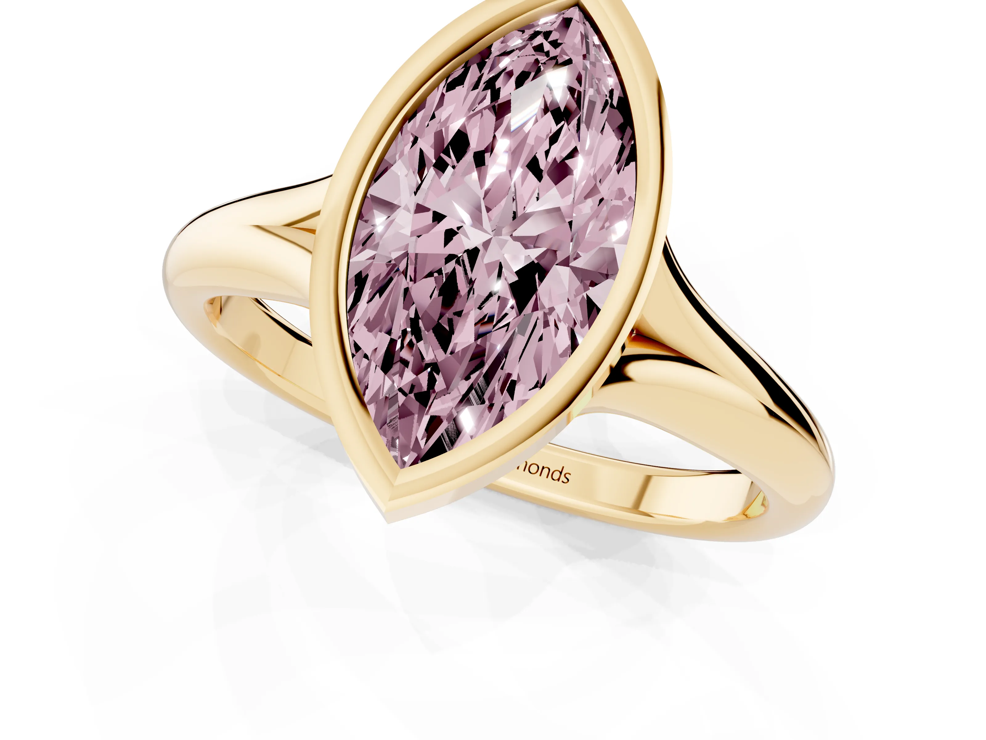 Fancy Pink Bezel Set Marquise Cut Diamond Solitaire Ring Set in Yellow gold with Smooth Band