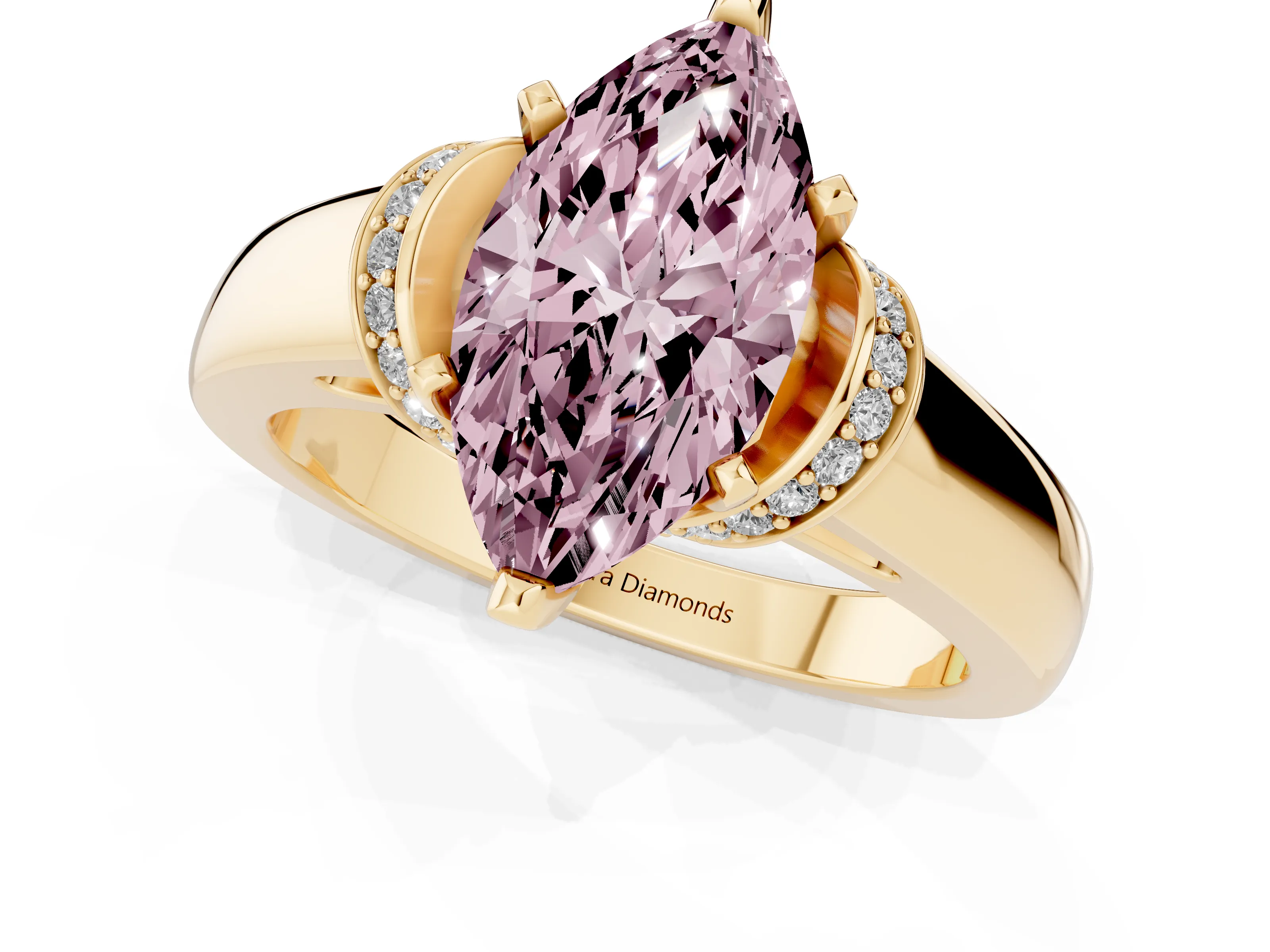 Fancy Pink Marquise Cut Diamond Pavé Band Solitaire Ring Set in Yellow gold with Prong Setting