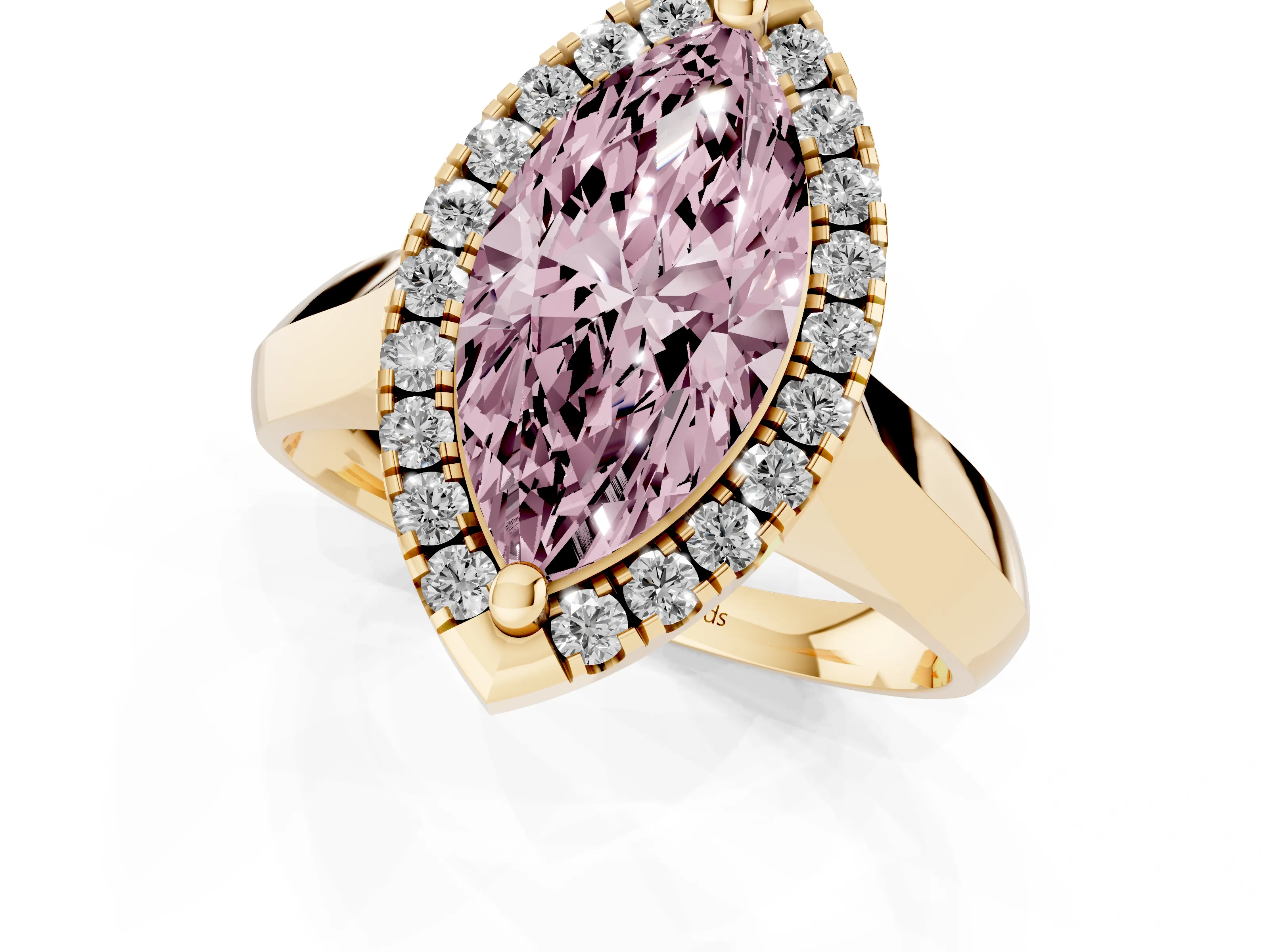 Fancy Pink Marquise Cut Diamond Halo Solitaire Engagement Ring Set in Yellow gold with Square Band and Prong Setting