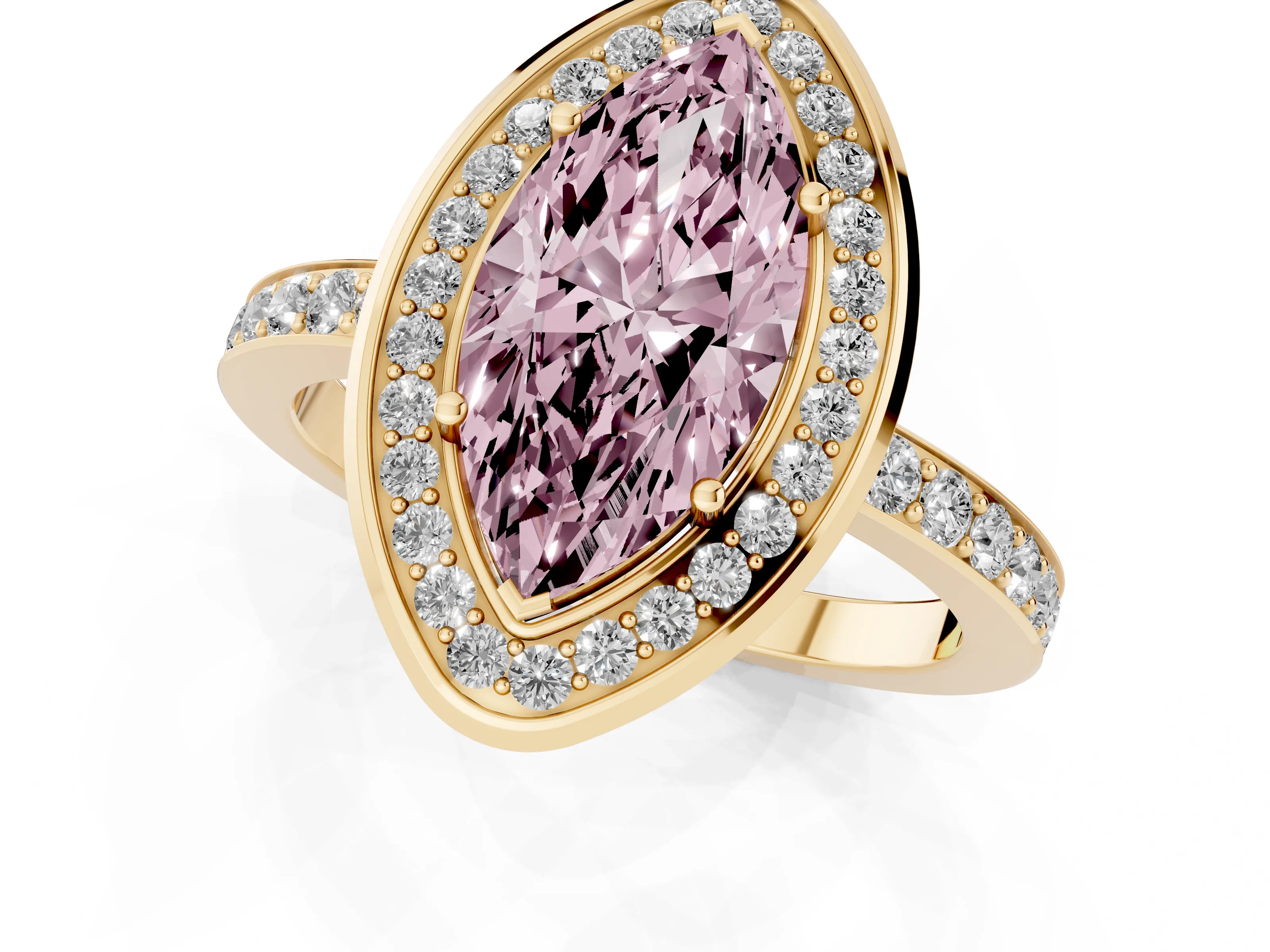 Fancy Pink Marquise Cut Diamond Halo Ring Set in Yellow gold with Bezel Frame and Pavé Band
