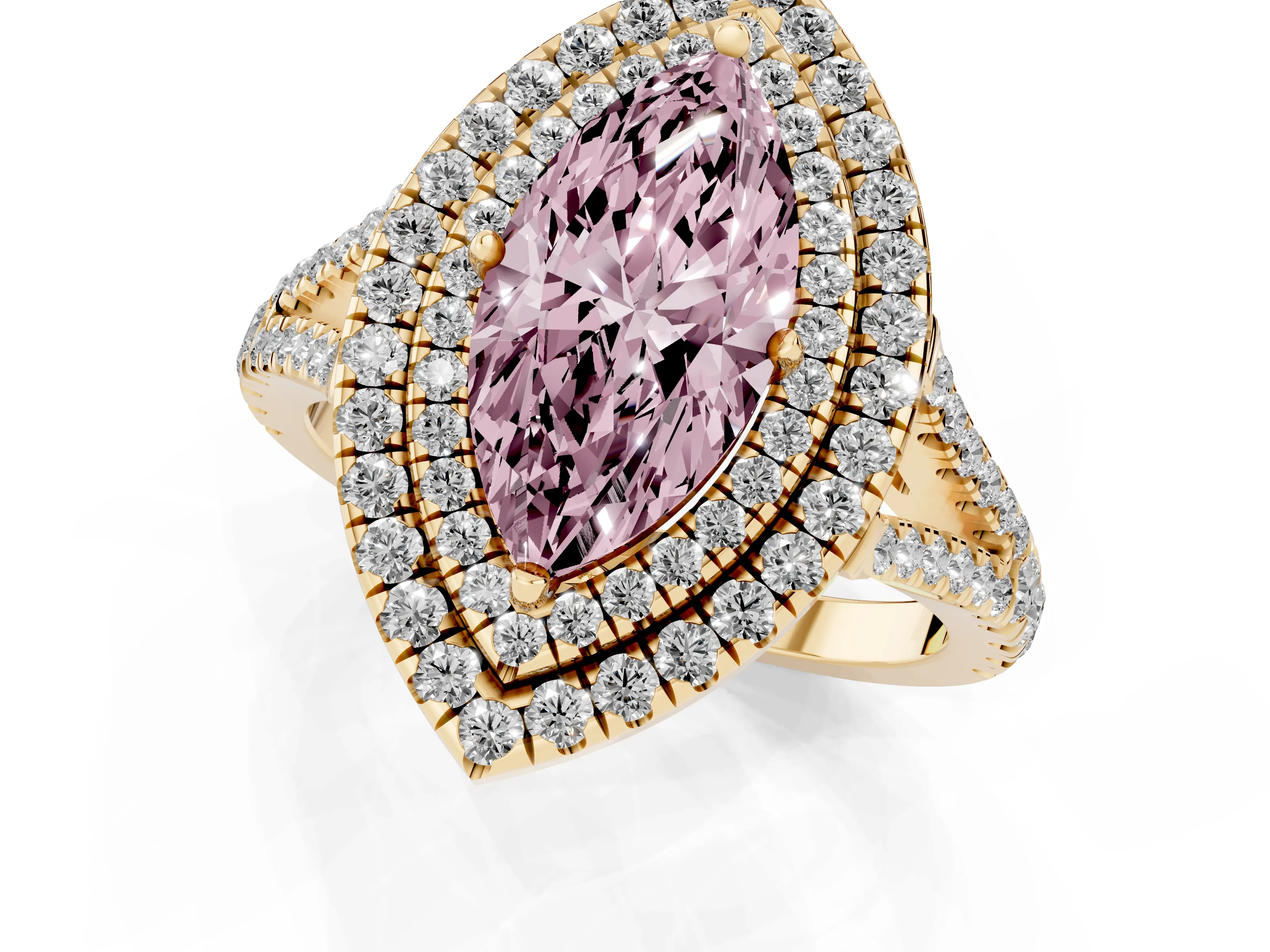 Fancy Pink Marquise Cut Diamond Double Halo Ring Set in Yellow gold with Pavé Band