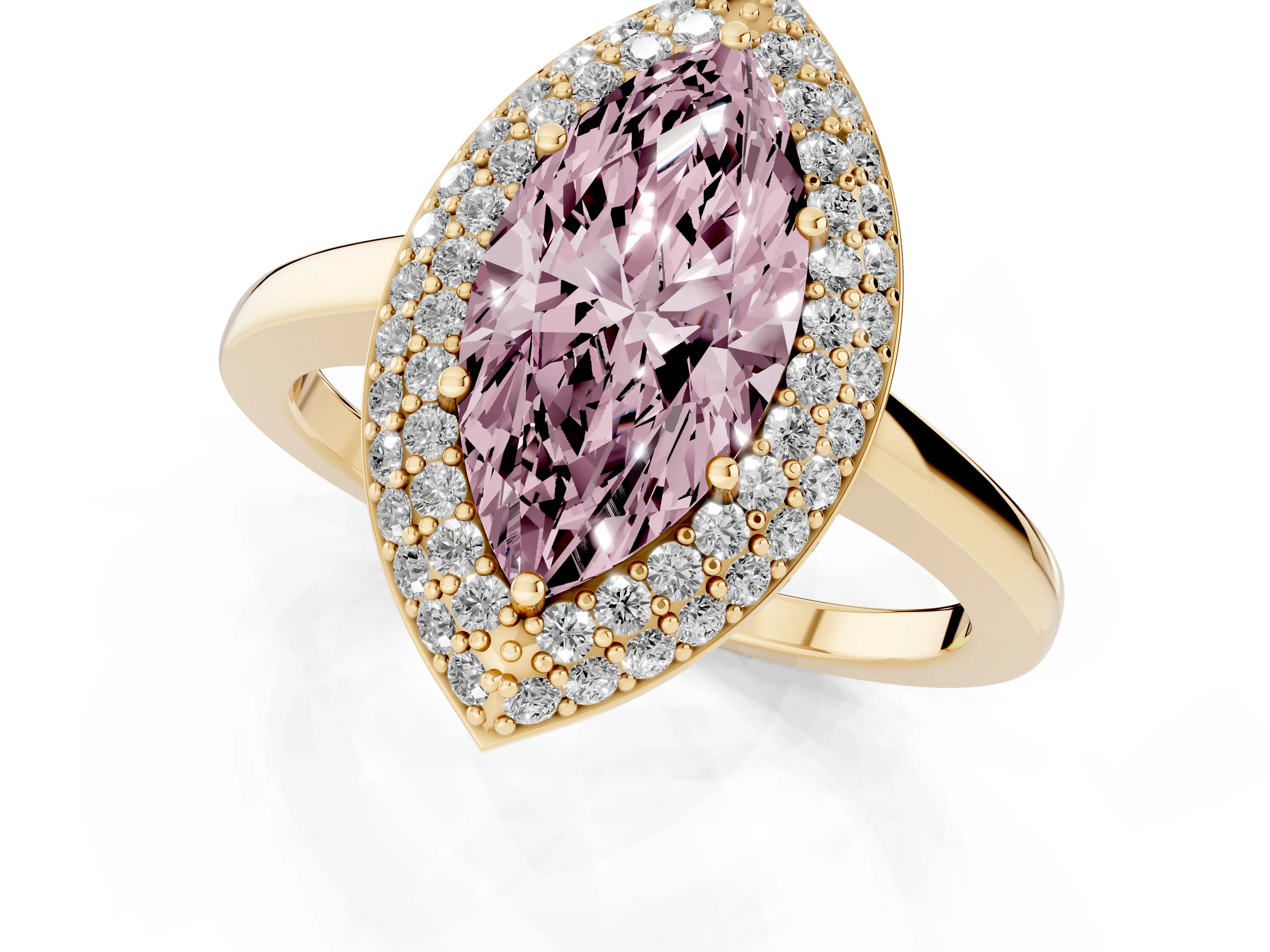 Fancy Pink Marquise Cut Diamond Halo Engagement Ring Set in Yellow gold with Solitaire Band and Prong Setting