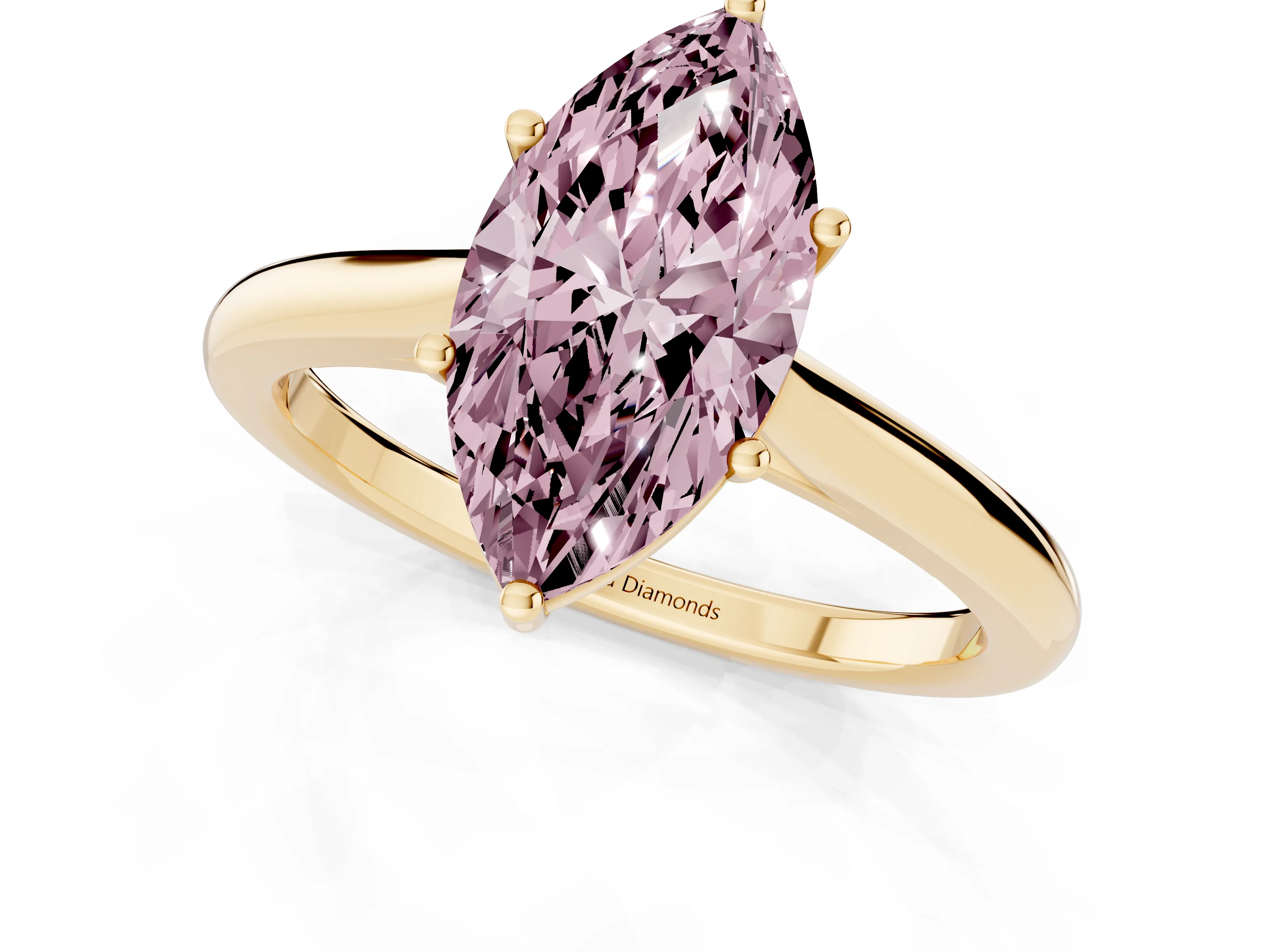 Fancy Pink Marquise Cut Diamond Solitaire Ring Set in Yellow gold with Cathedral Band and Prong Setting