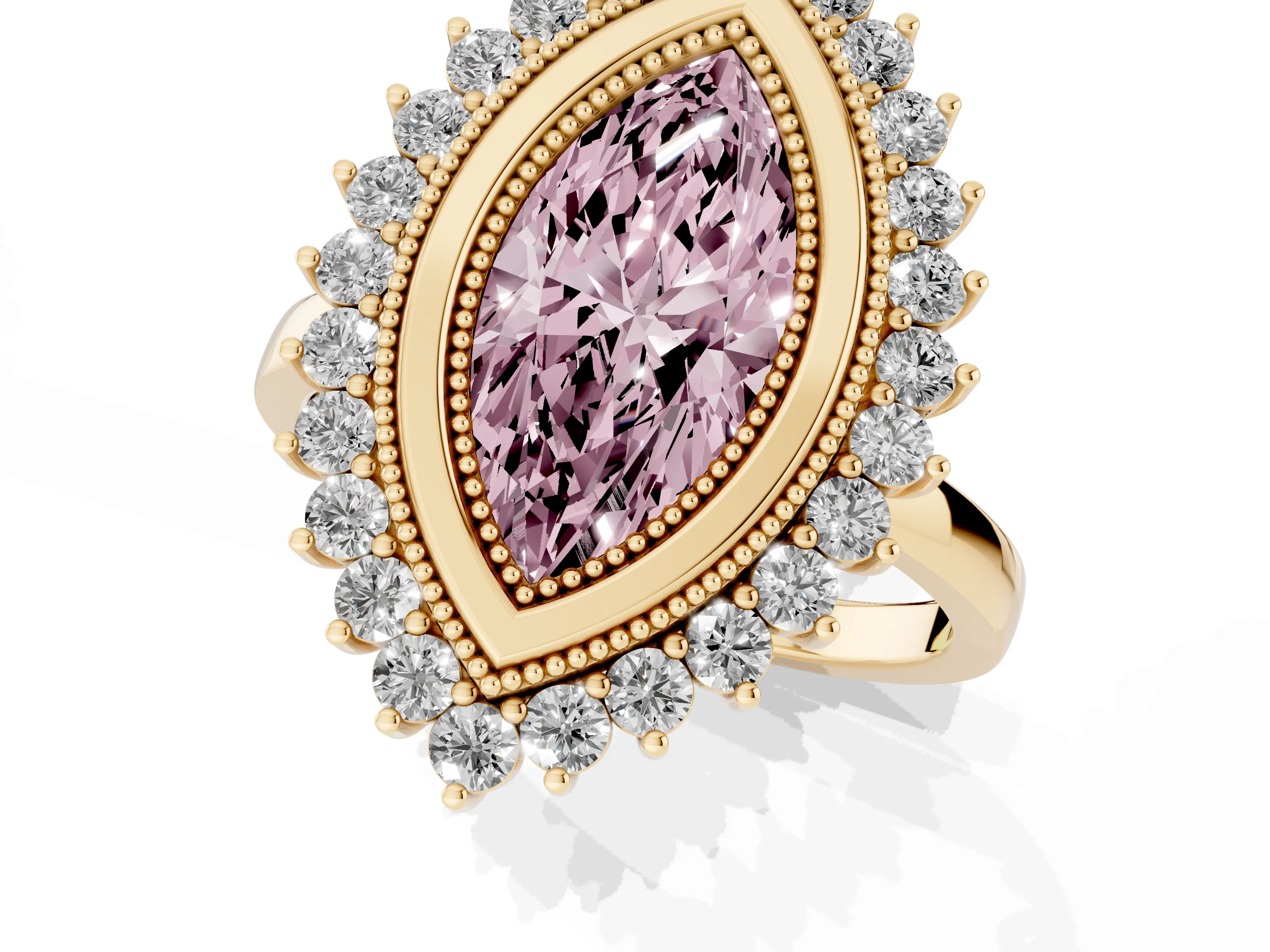 Fancy Pink Marquise Cut Diamond Halo Ring Set in Yellow gold with Milgrain Edge and Round Prong Setting