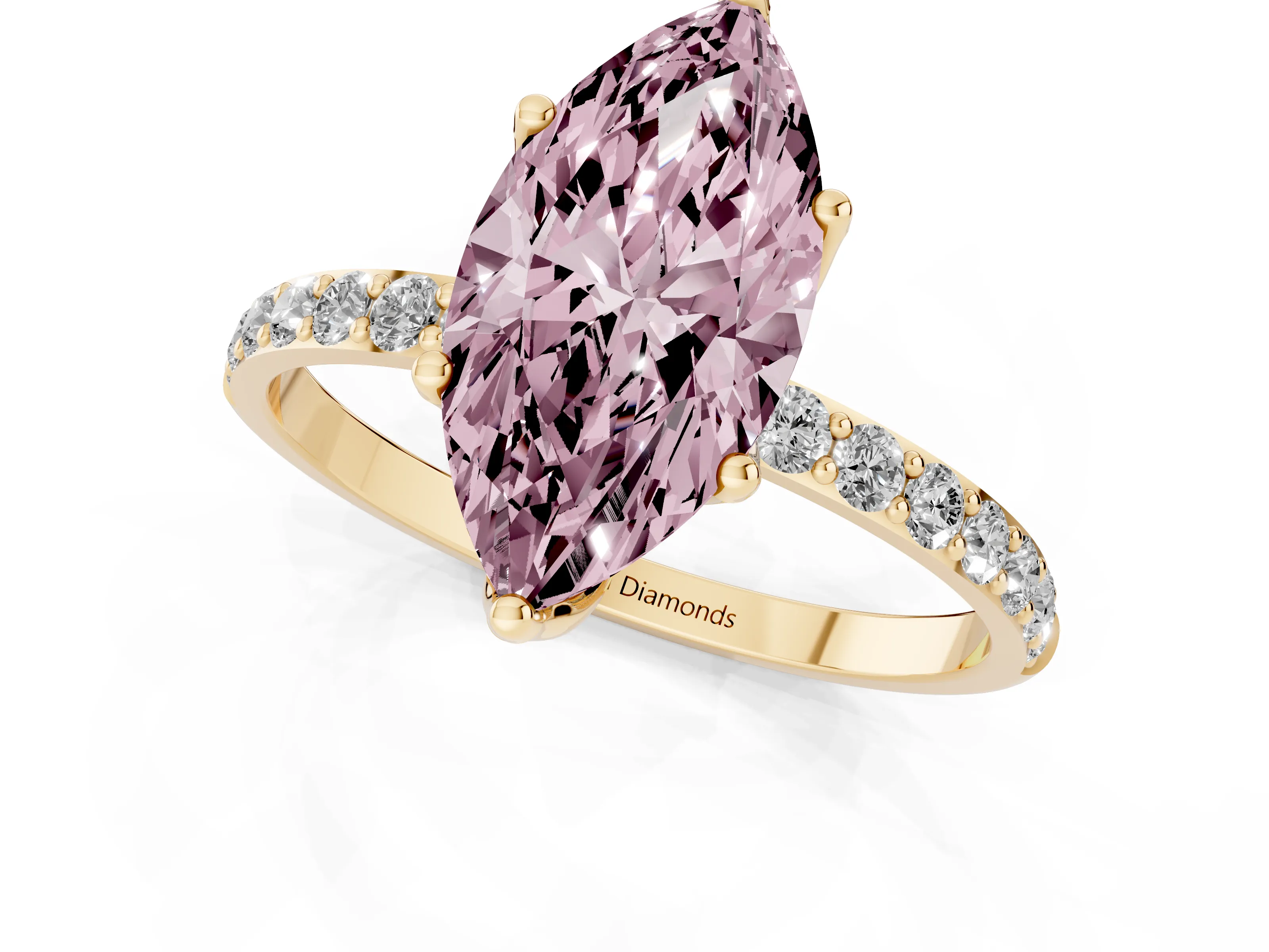 Fancy Pink Marquise Cut Diamond Solitaire Engagement Ring Set in Yellow gold with Round Pavé Band and Prong Setting