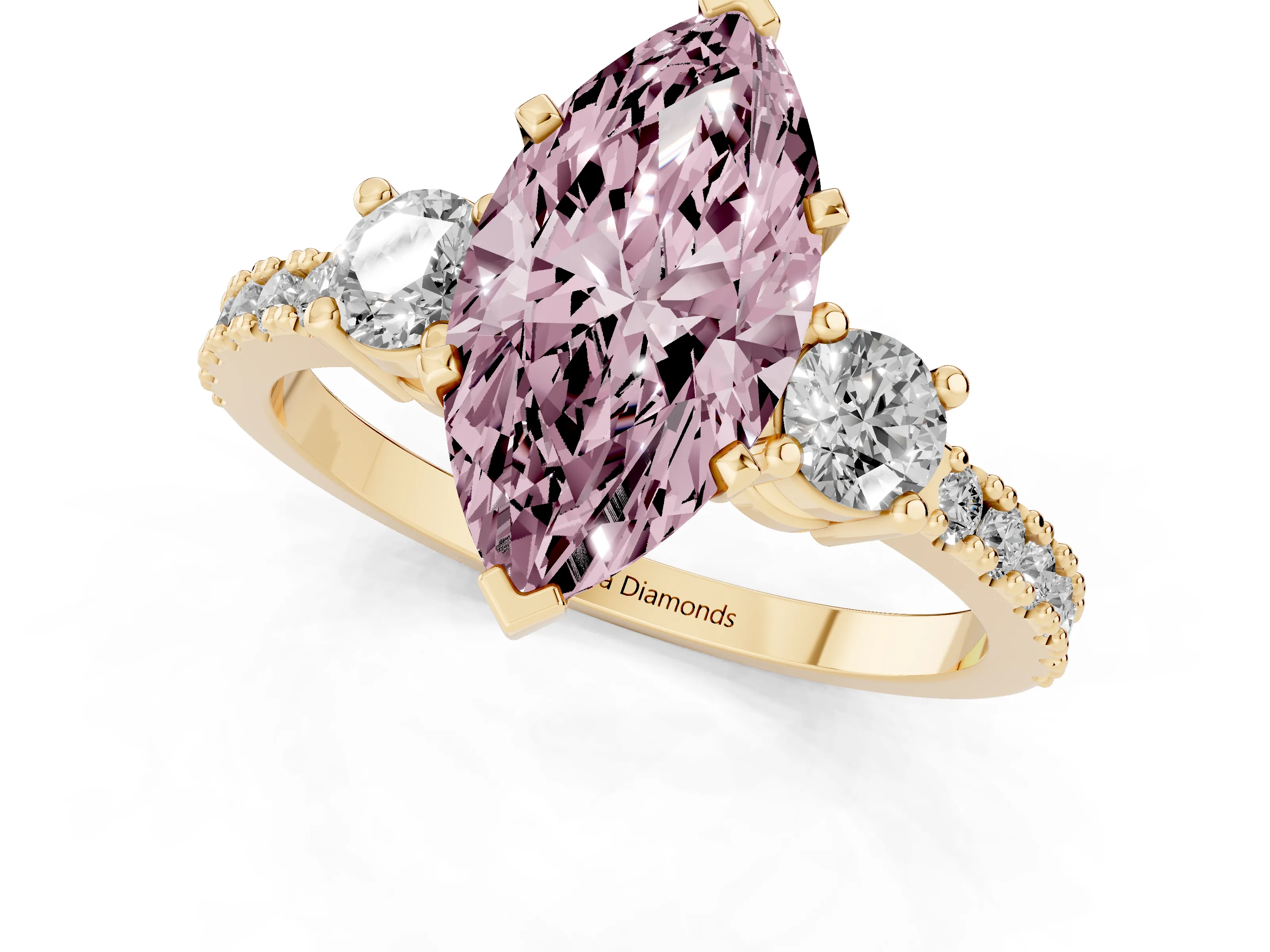 Fancy Pink Three-Stone Marquise Cut Diamond Pavé Band Ring Set in Yellow gold with Prong Setting – second view