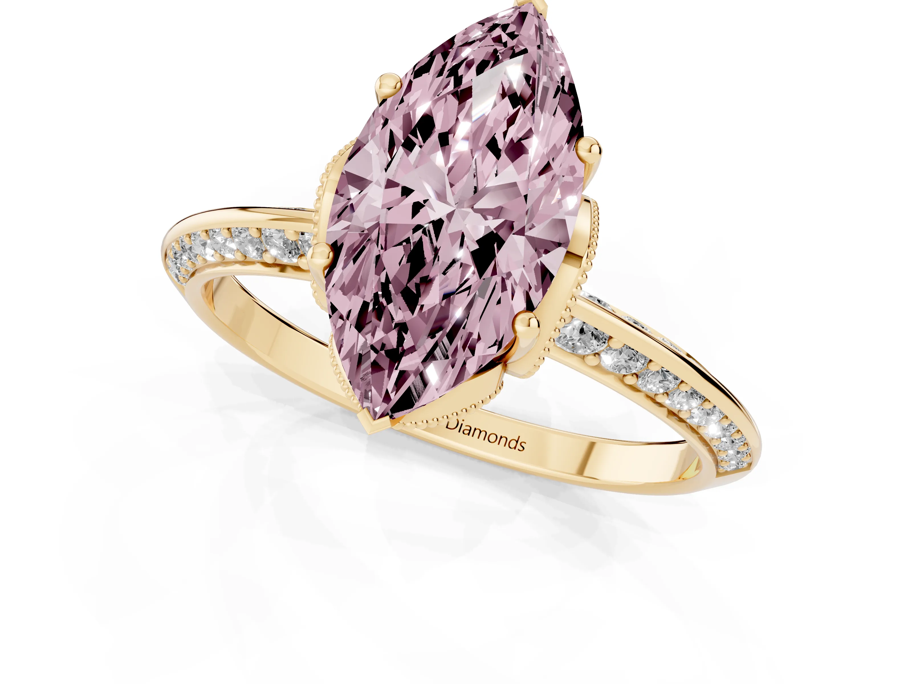 Fancy Pink Marquise Cut Diamond Solitaire Engagement Ring Set in Yellow gold with Pavé Split Shank and Prong Setting