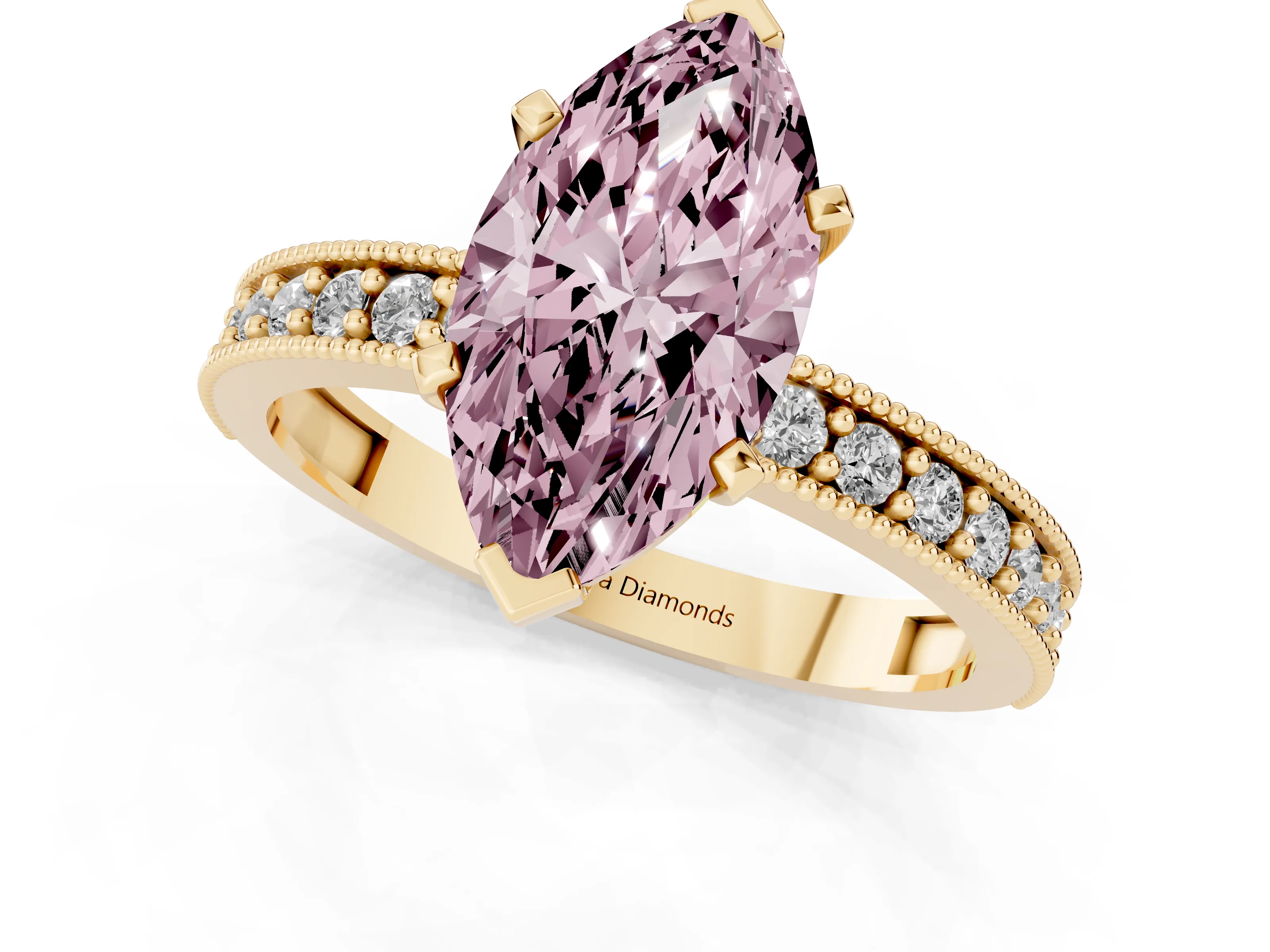 Fancy Pink Marquise Cut Diamond Milgrain Pavé Engagement Ring Set in Yellow gold with Prong Setting – second view