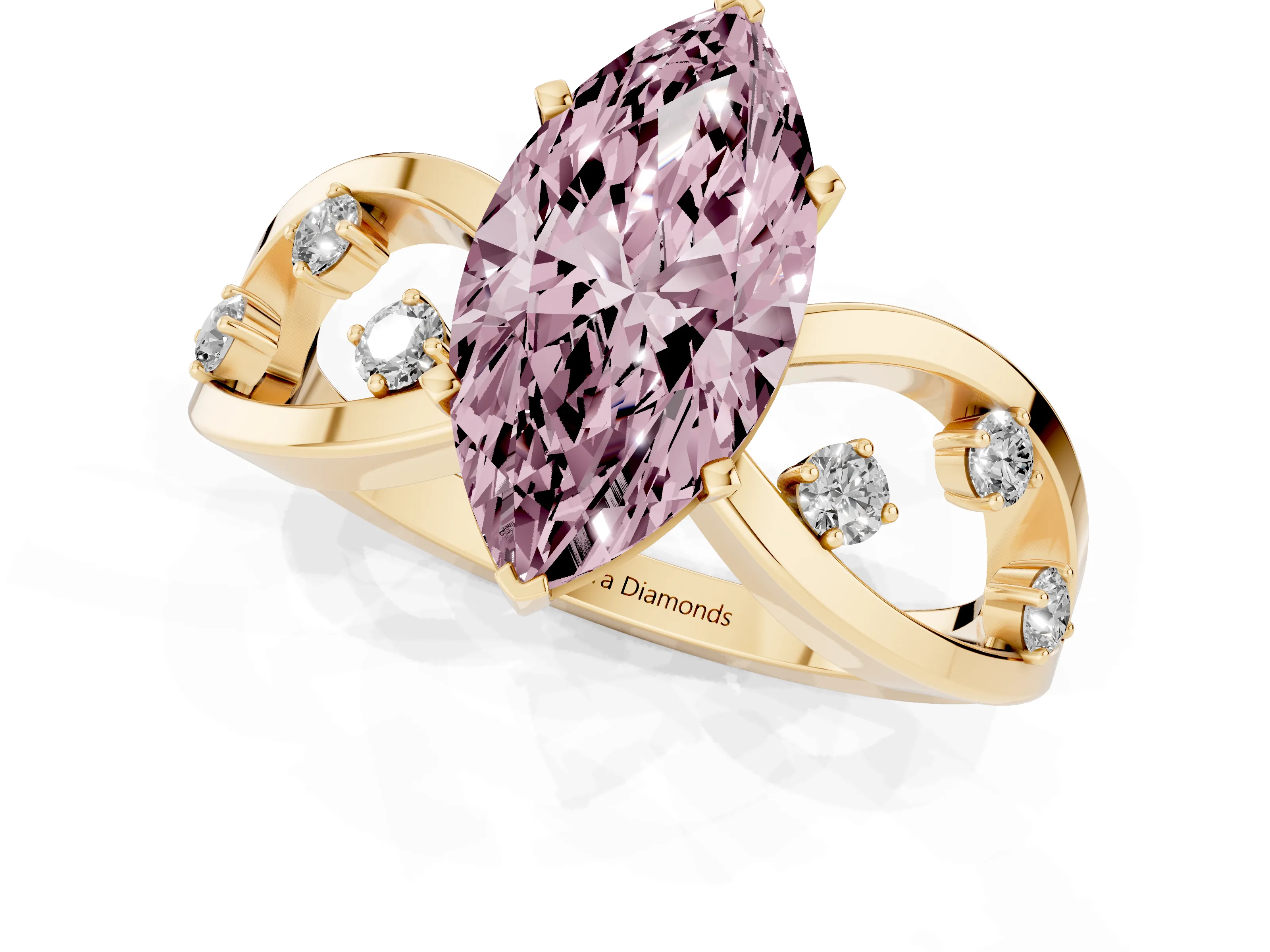 Fancy Pink Marquise Cut Diamond Solitaire Ring Set in Yellow gold with Side Stones on Criss-Cross Band and Prong Setting
