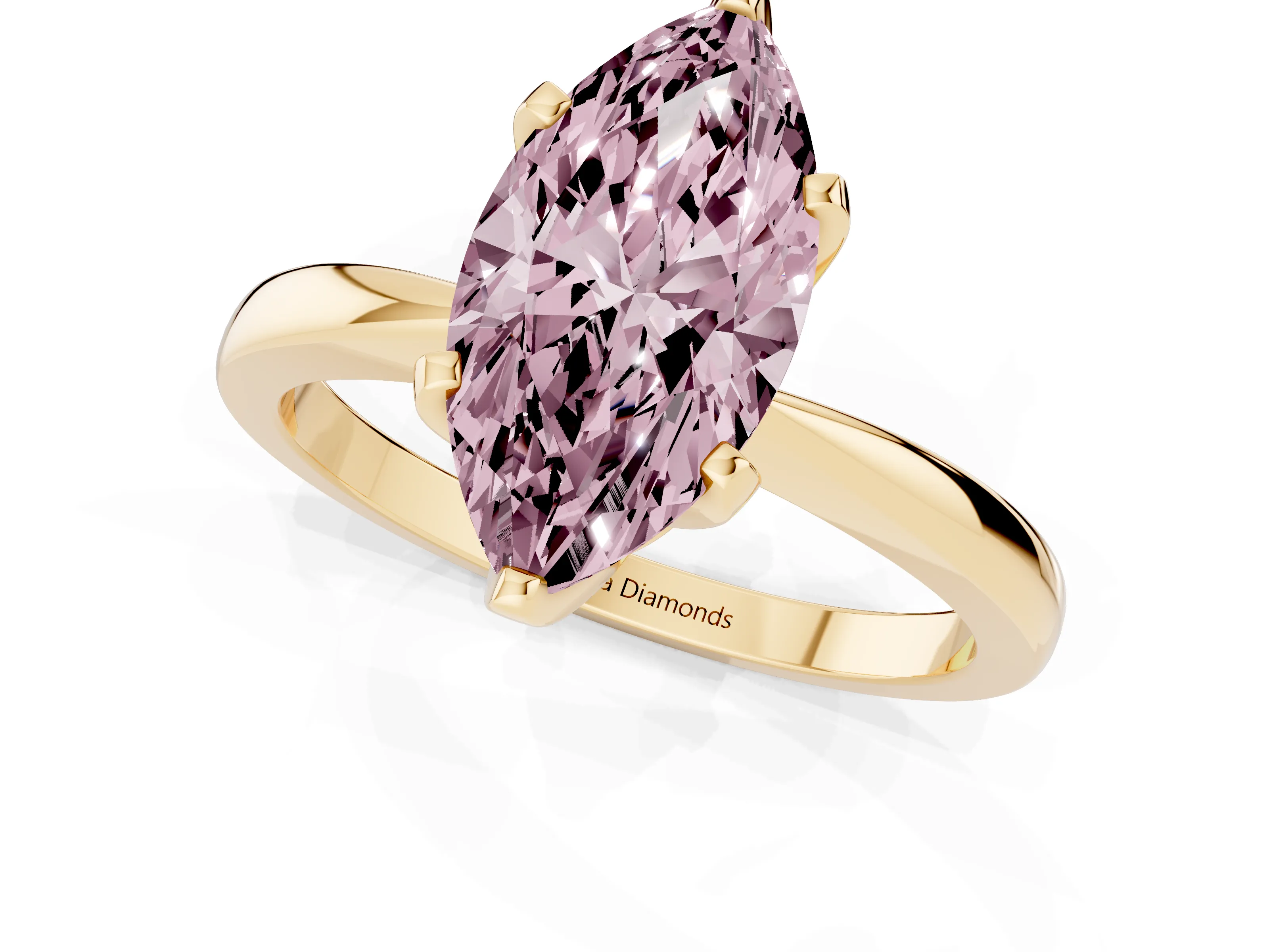 Fancy Pink Marquise Cut Diamond Solitaire Engagement Ring Set in Yellow gold with Slim Tapered Solitaire Band