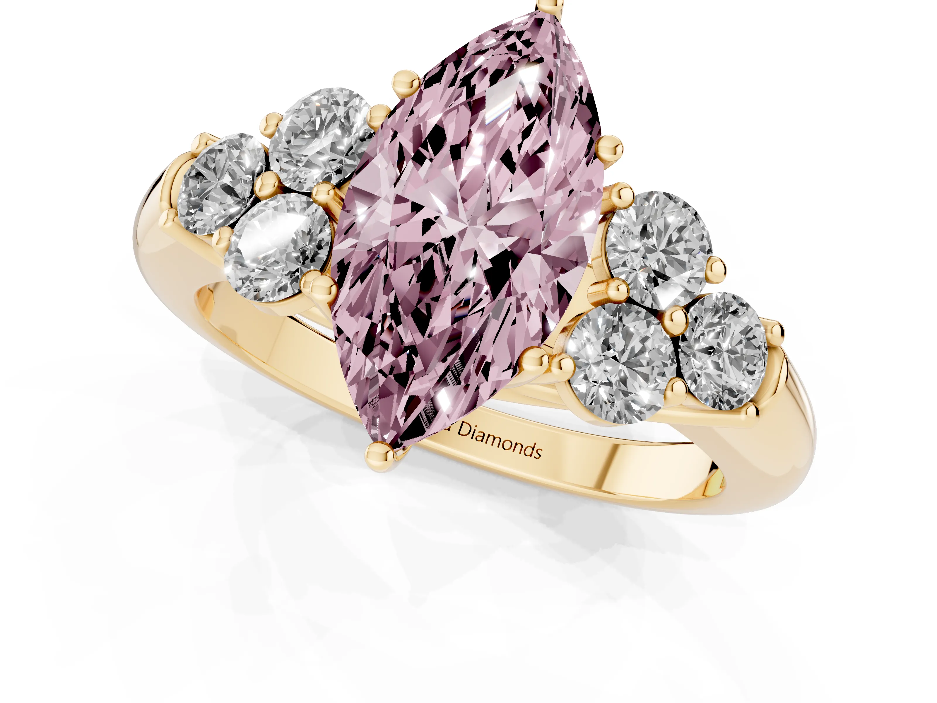 Fancy Pink Marquise Cut Diamond Cluster Ring Set in Yellow gold with Round Accent Stones and Prong Setting on a Plain Band