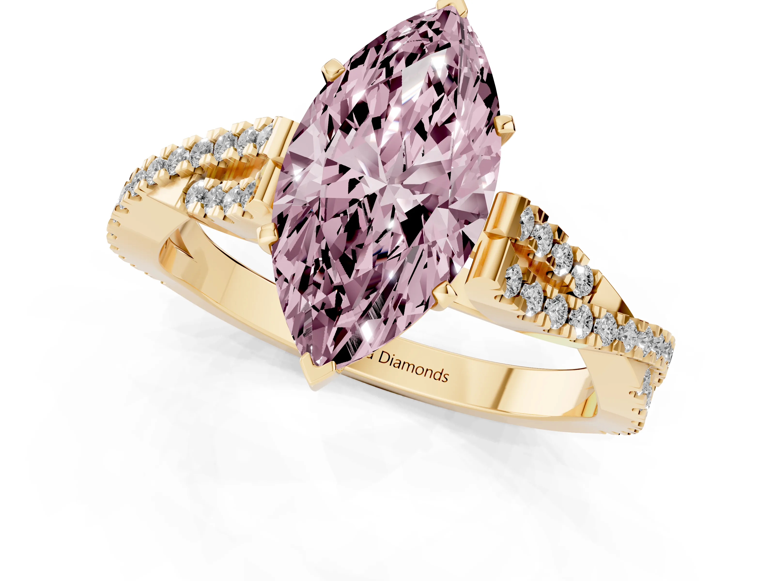 Fancy Pink Marquise Cut Diamond Solitaire Engagement Ring Set in Yellow gold with Twisted Pavé Band and Prong Setting