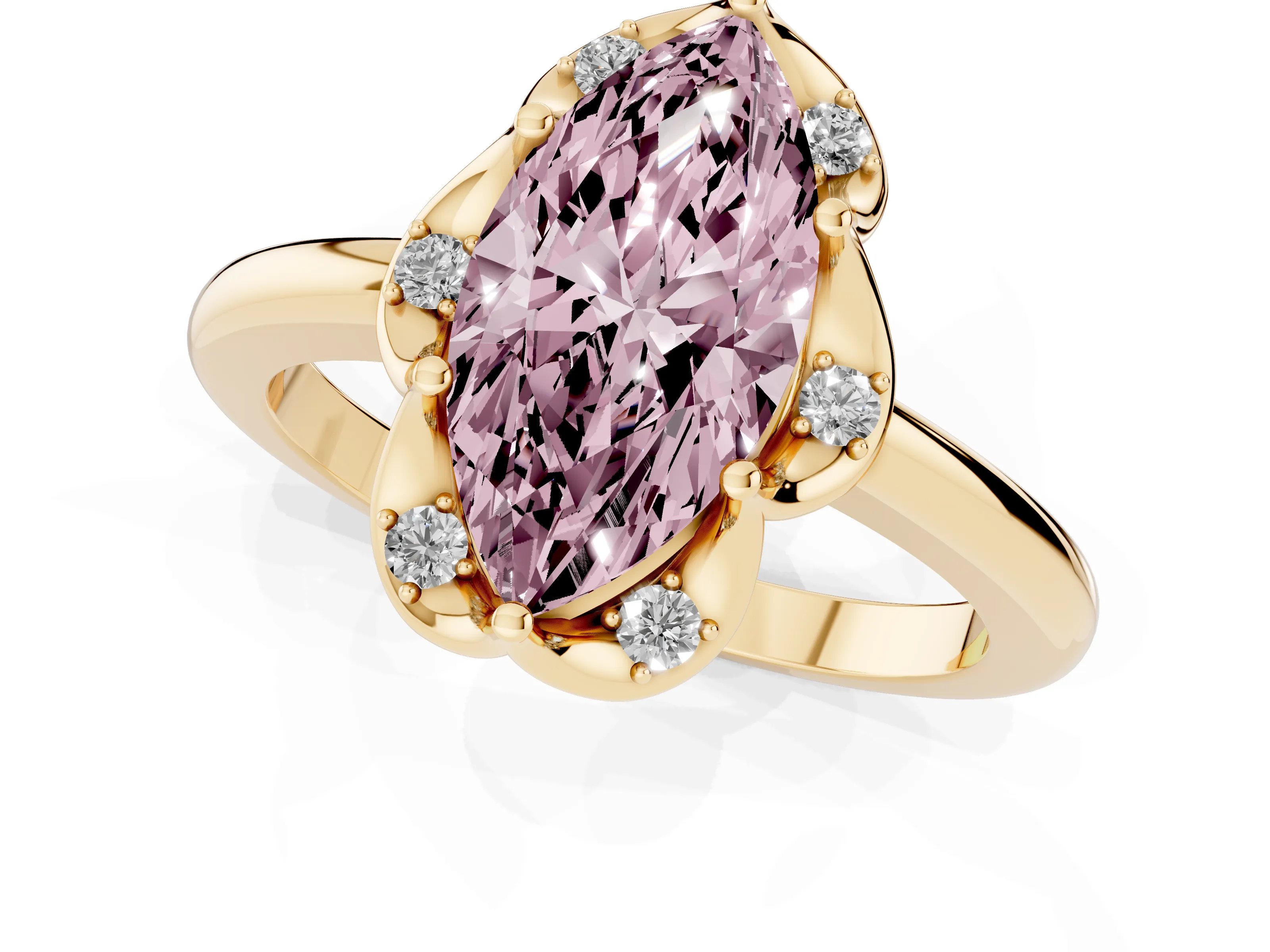 Fancy Pink Marquise Cut Diamond Round Cluster Halo Ring Set in Yellow gold with Solitaire Band and Prong Setting