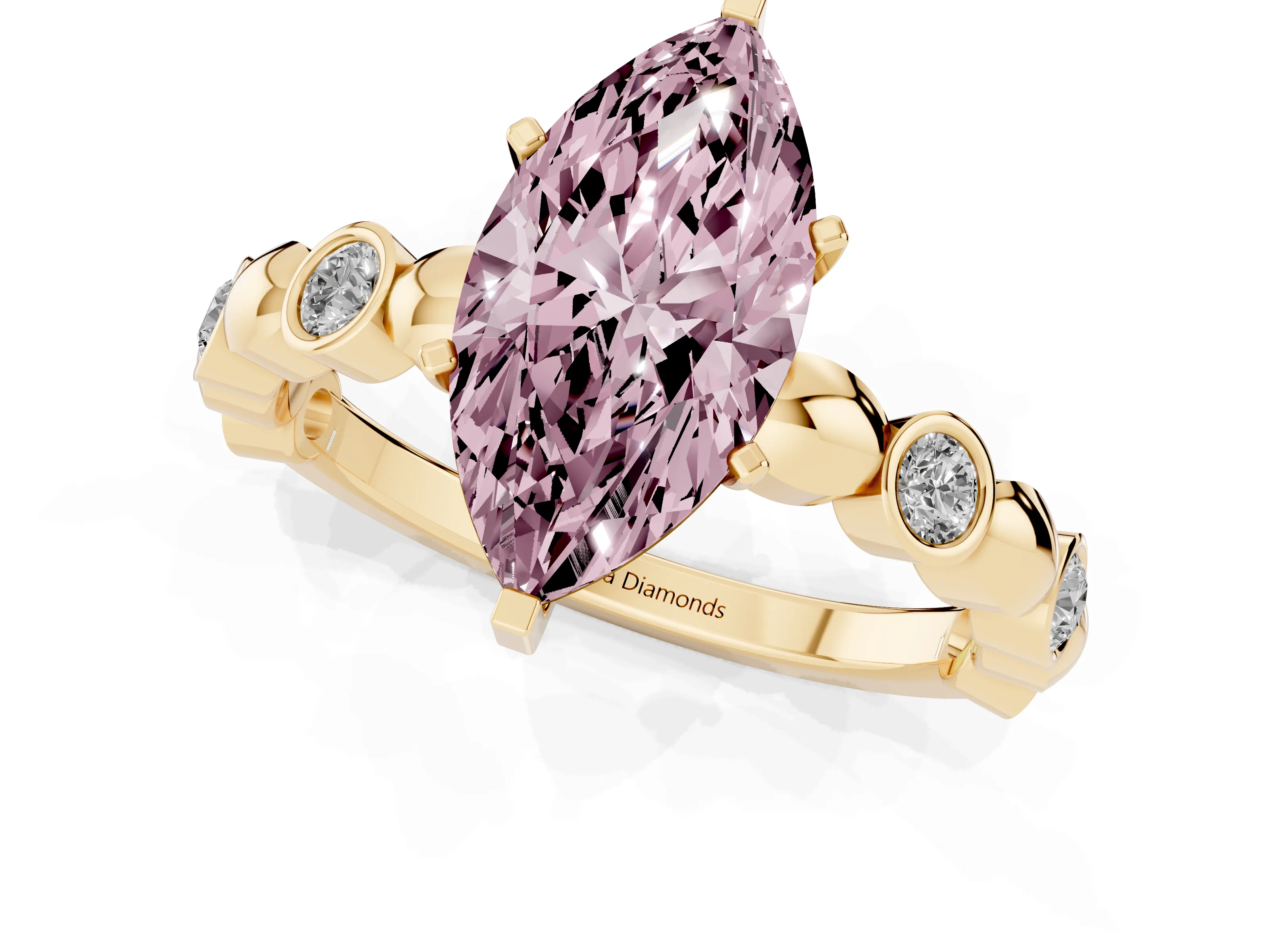 Fancy Pink Marquise Cut Diamond Solitaire Ring Set in Yellow gold with Bezel-Set Accents on Beaded Band and Prong Setting