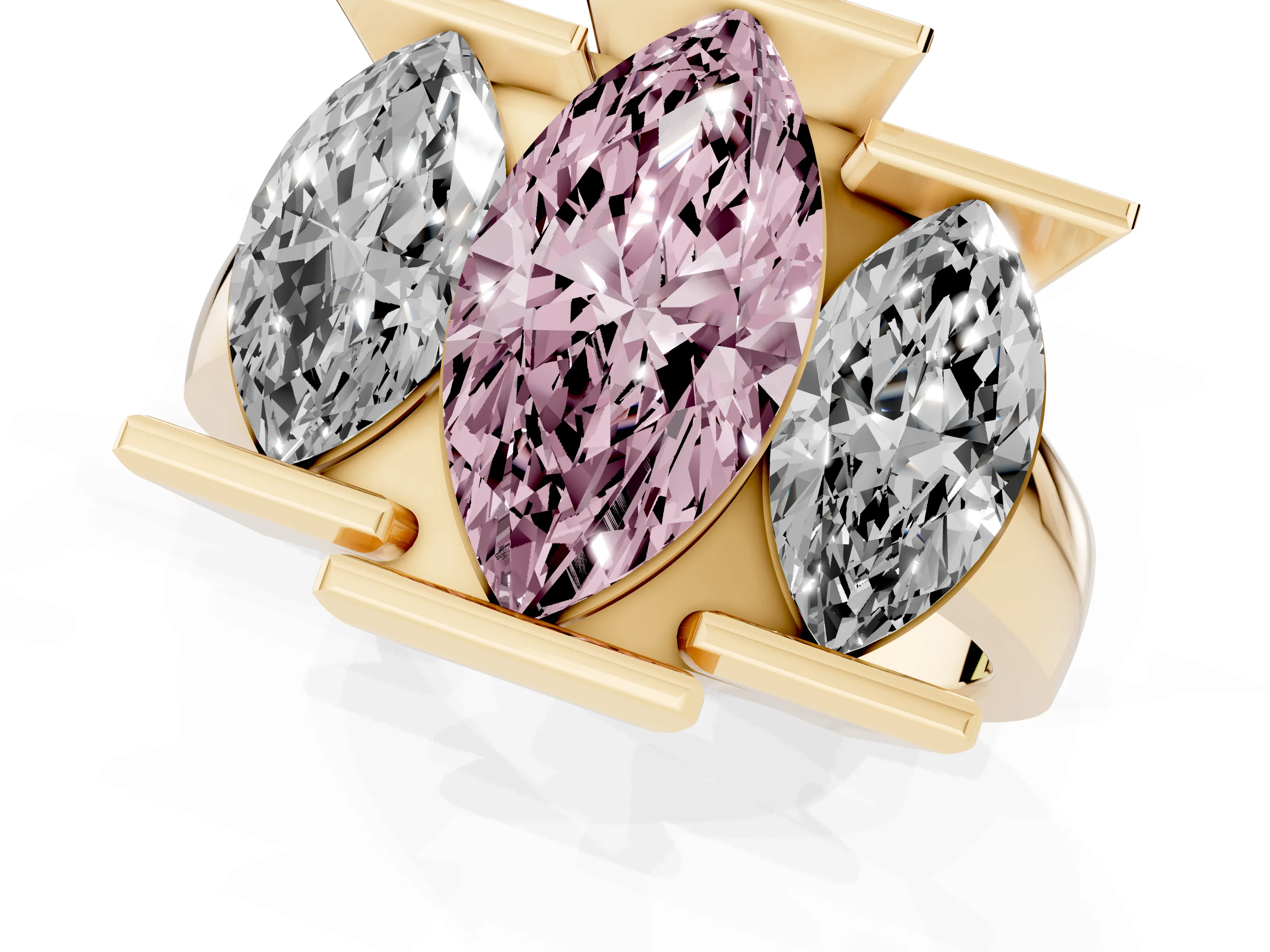 Fancy Pink Marquise Cut Diamond Three-Stone Channel Set Ring Set in Yellow gold with Smooth Polished Band