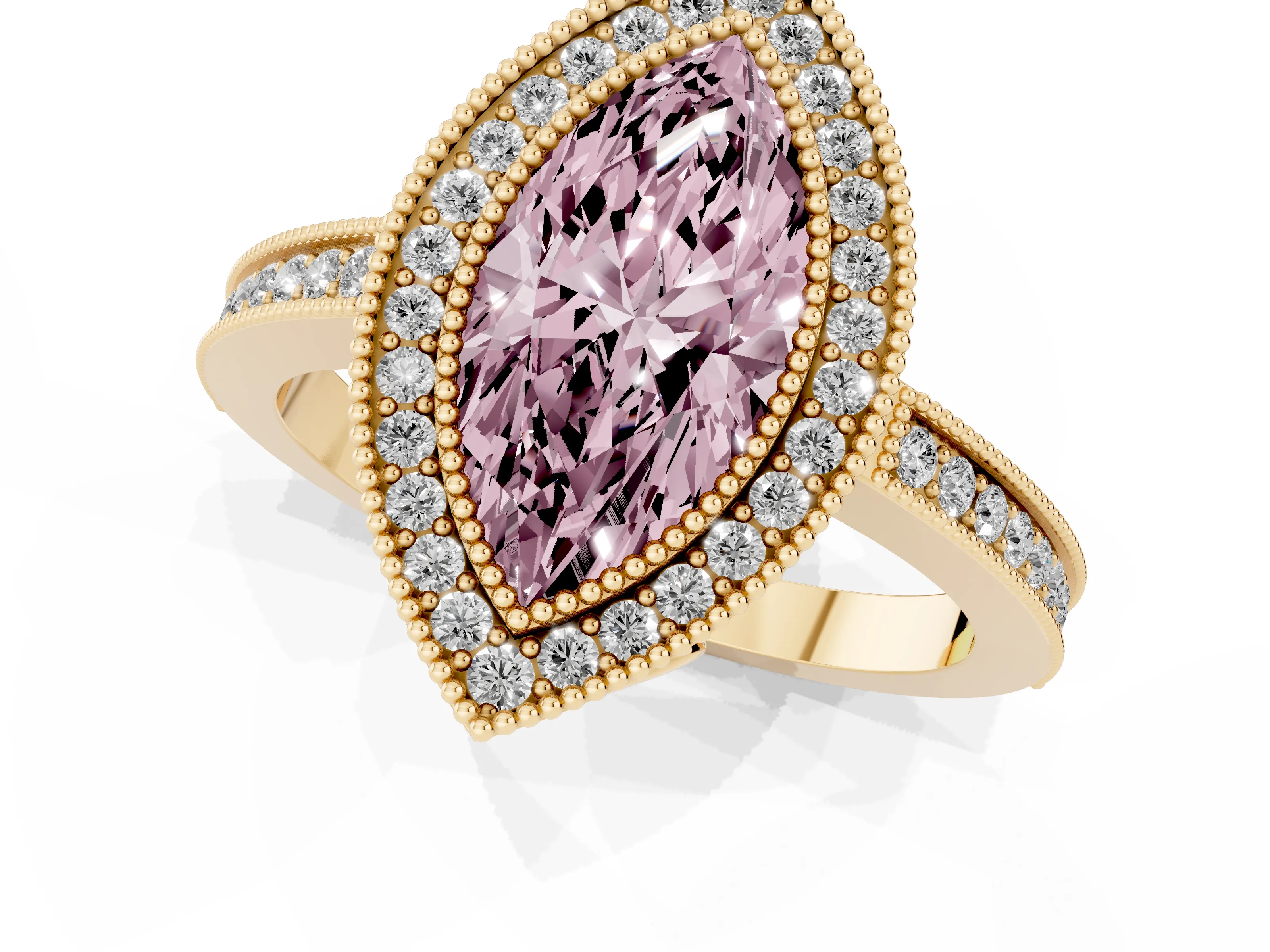 Fancy Pink Marquise Cut Diamond Halo Ring Set in Yellow gold with Pavé Band and Milgrain-Edged Prongs