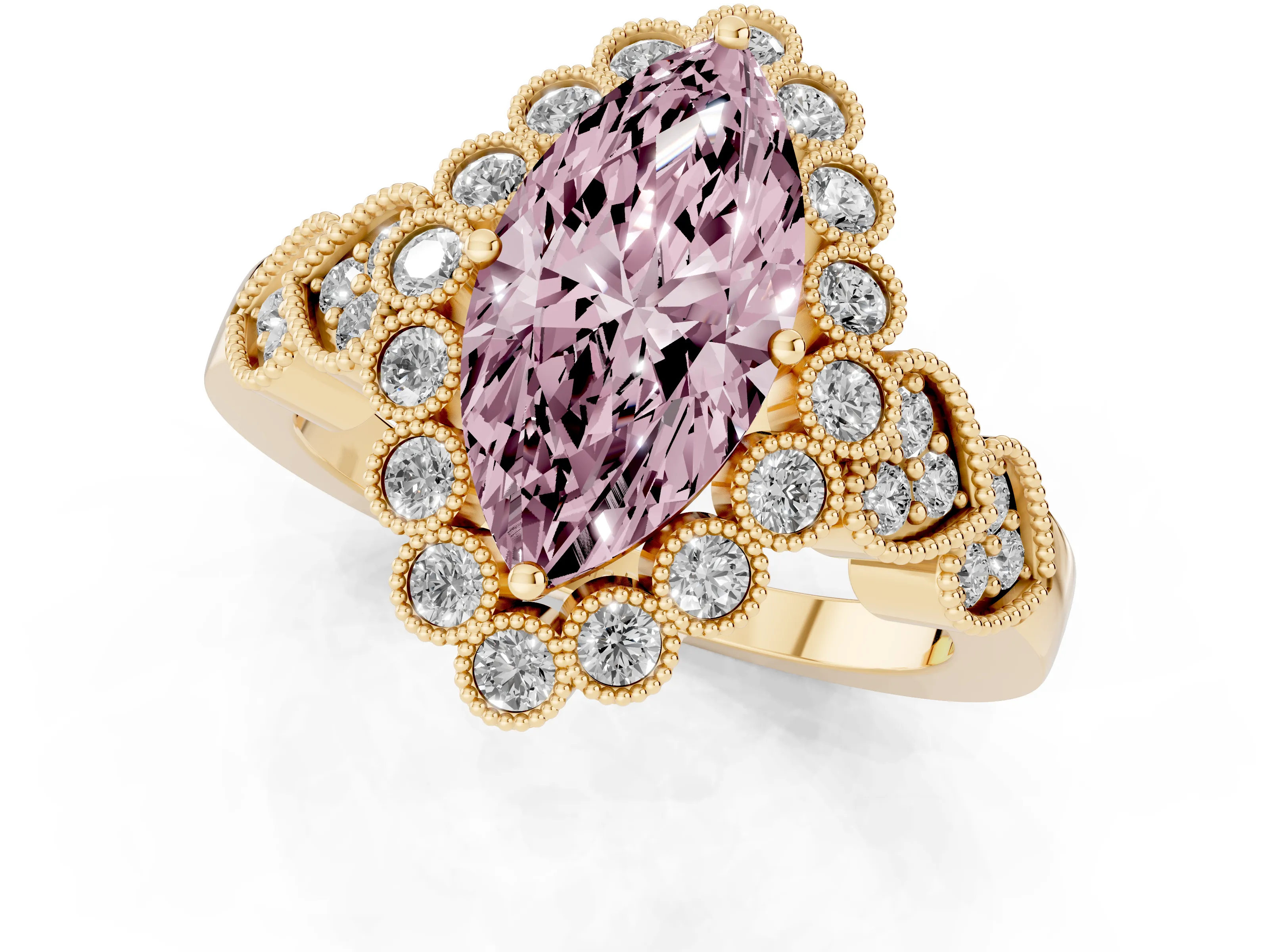 Fancy Pink Marquise Cut Diamond Solitaire Ring Set in Yellow gold with Milgrain Pavé Heart Band