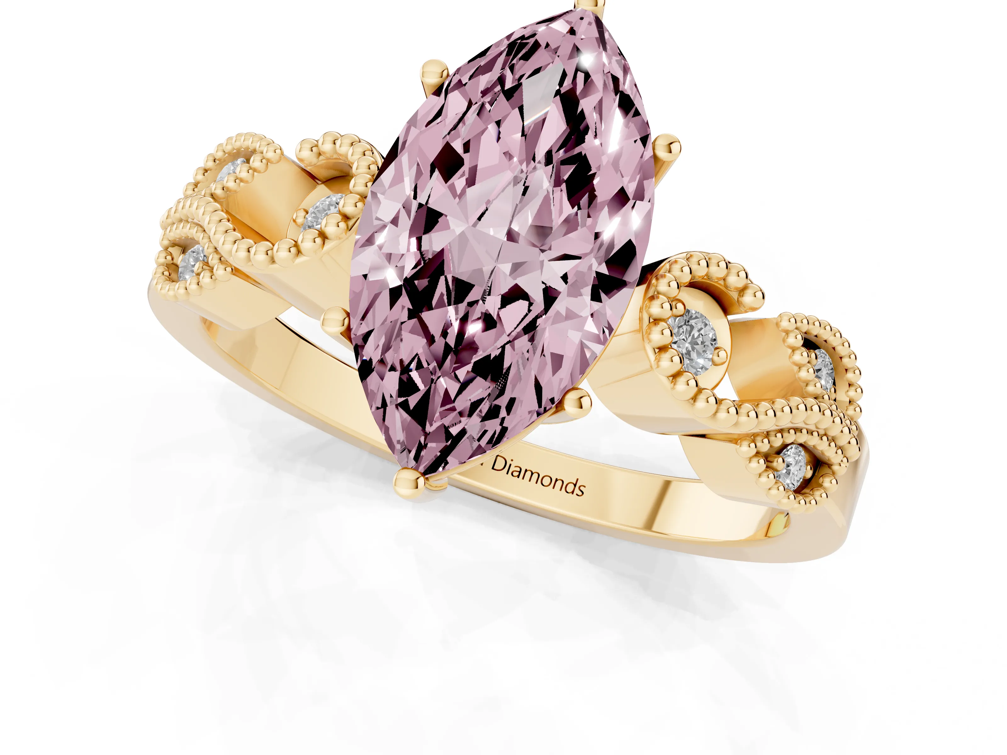 Fancy Pink Marquise Cut Diamond Milgrain Leaf Band Solitaire Ring Set in Yellow gold with Accent Stones and Prong Setting