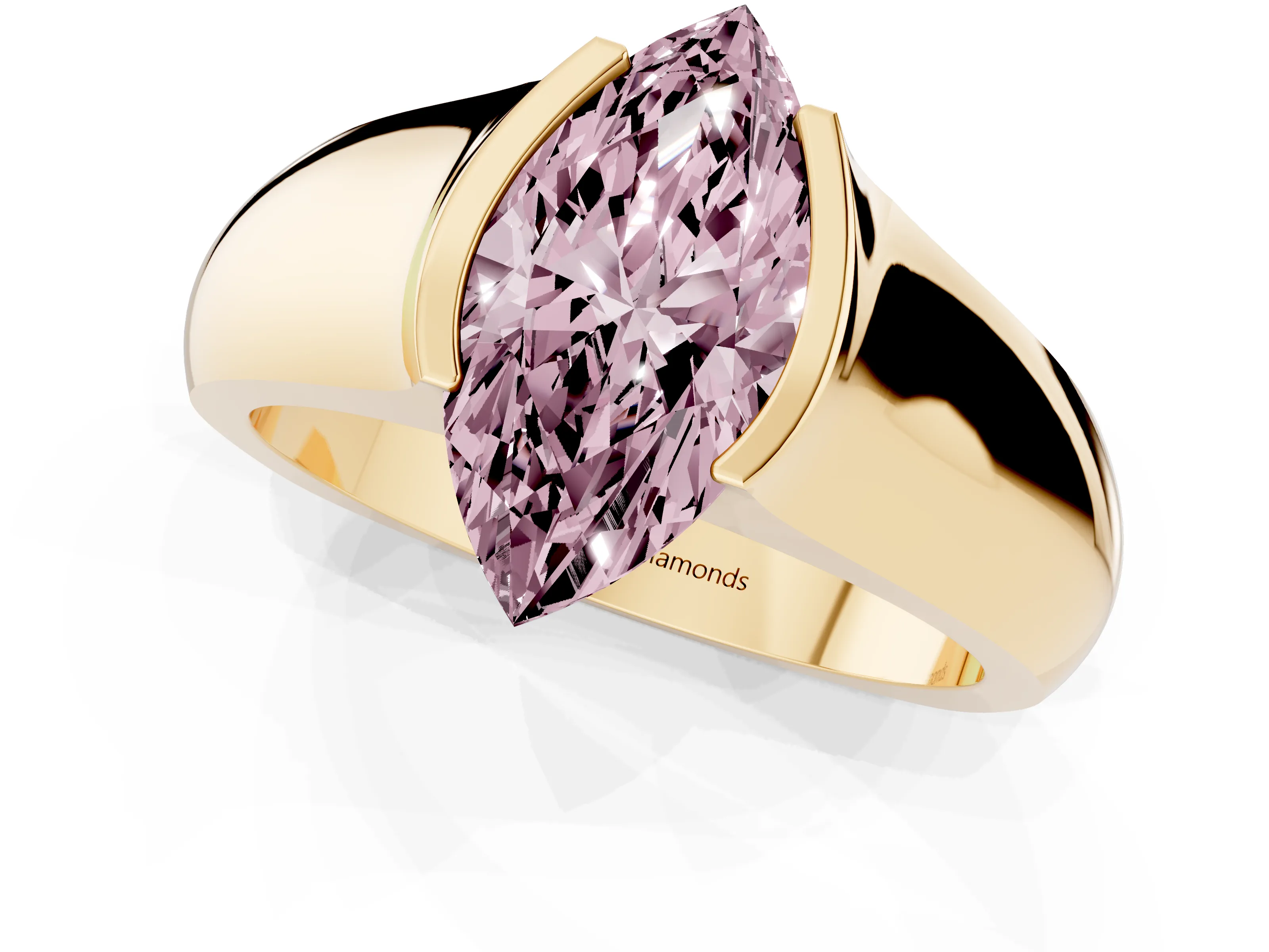 Fancy Pink Marquise Cut Diamond Bezel Solitaire Ring Set in Yellow gold with Wide Band