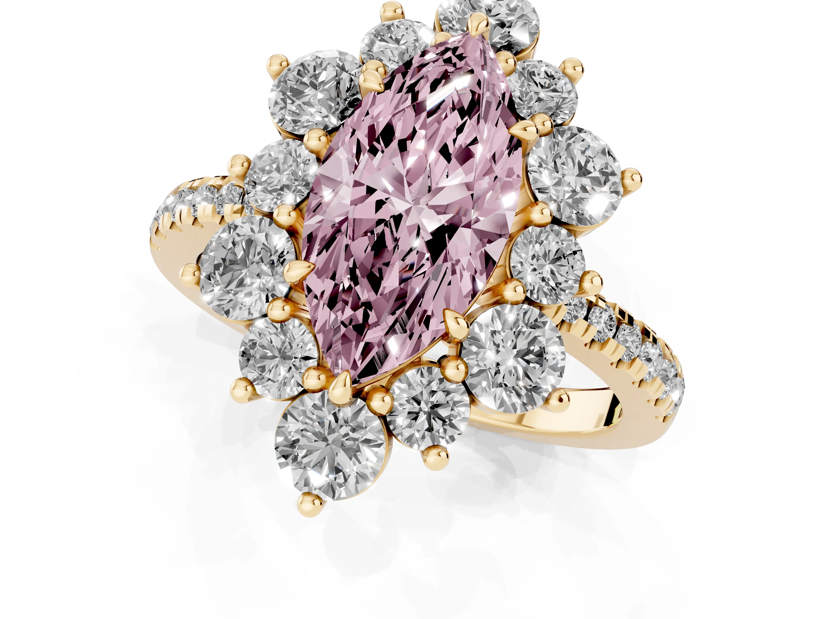 Fancy Pink Marquise Cut Diamond Floral Halo Ring Set in Yellow gold with Round Pavé Band and Prong Setting