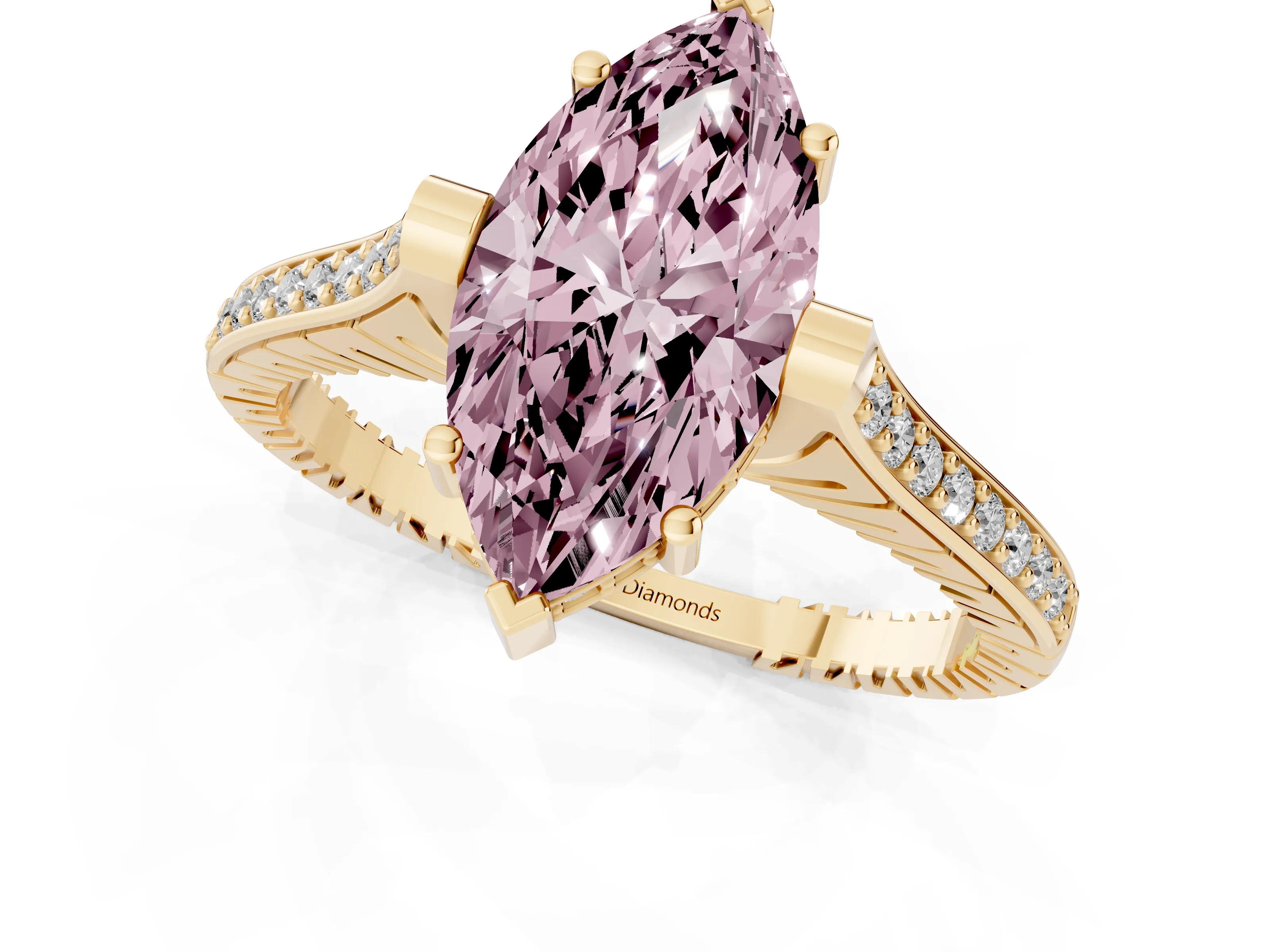 Fancy Pink Marquise Cut Diamond Solitaire Ring Set in Yellow gold with Channel Set Band and Bezel Prong Setting – second view