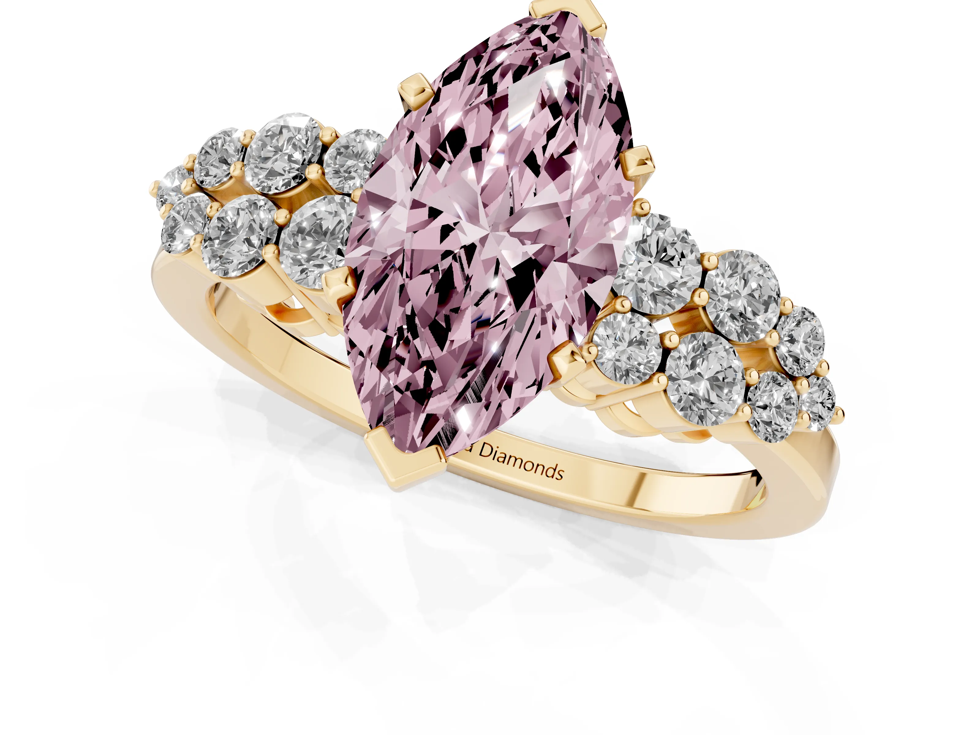 Fancy Pink Marquise Cut Diamond Cluster Engagement Ring Set in Yellow gold with Pavé Band and Prong Setting