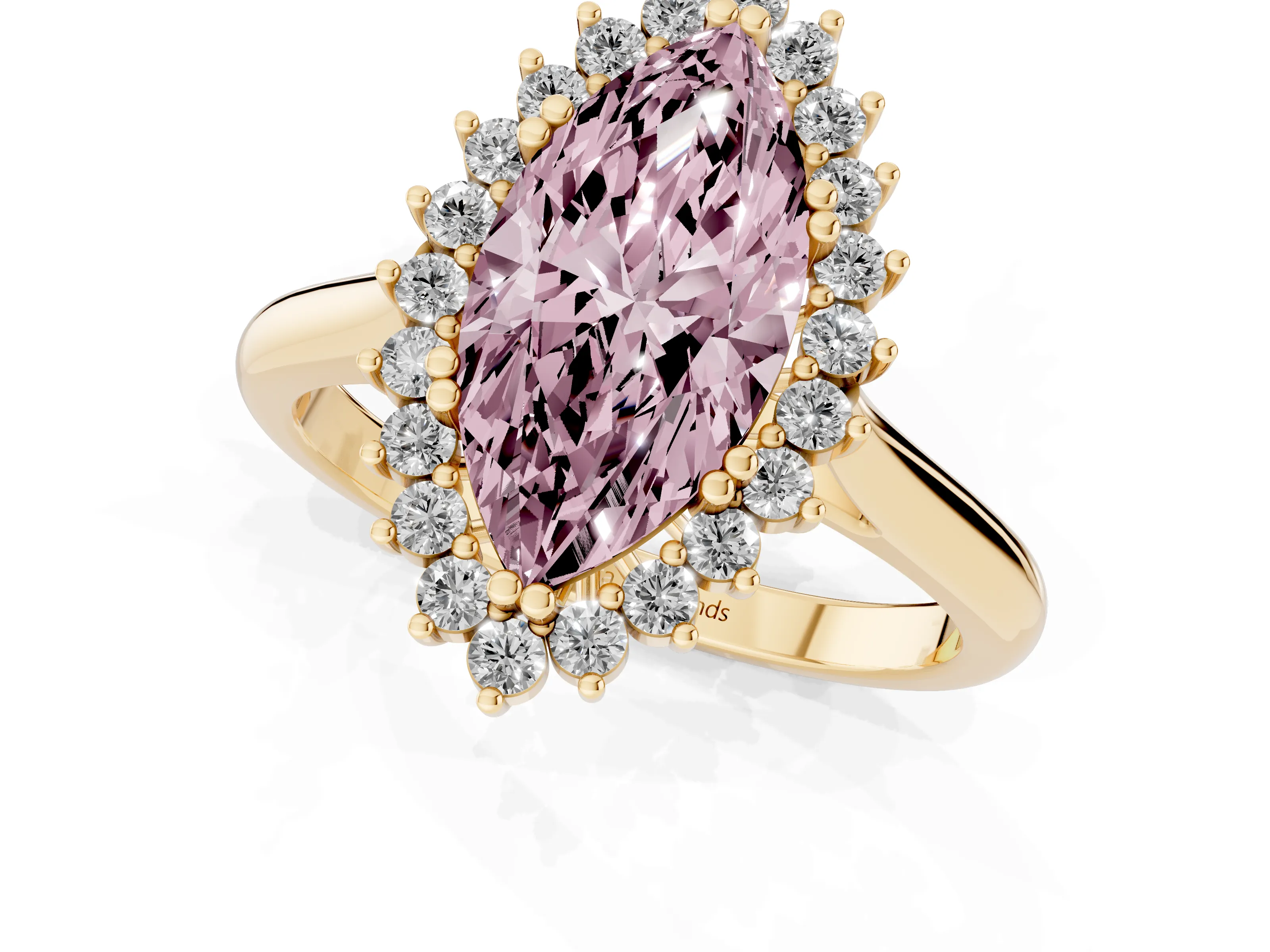 Fancy Pink Marquise Cut Diamond Halo Ring Set in Yellow gold with Plain Solitaire Band and Prong Setting