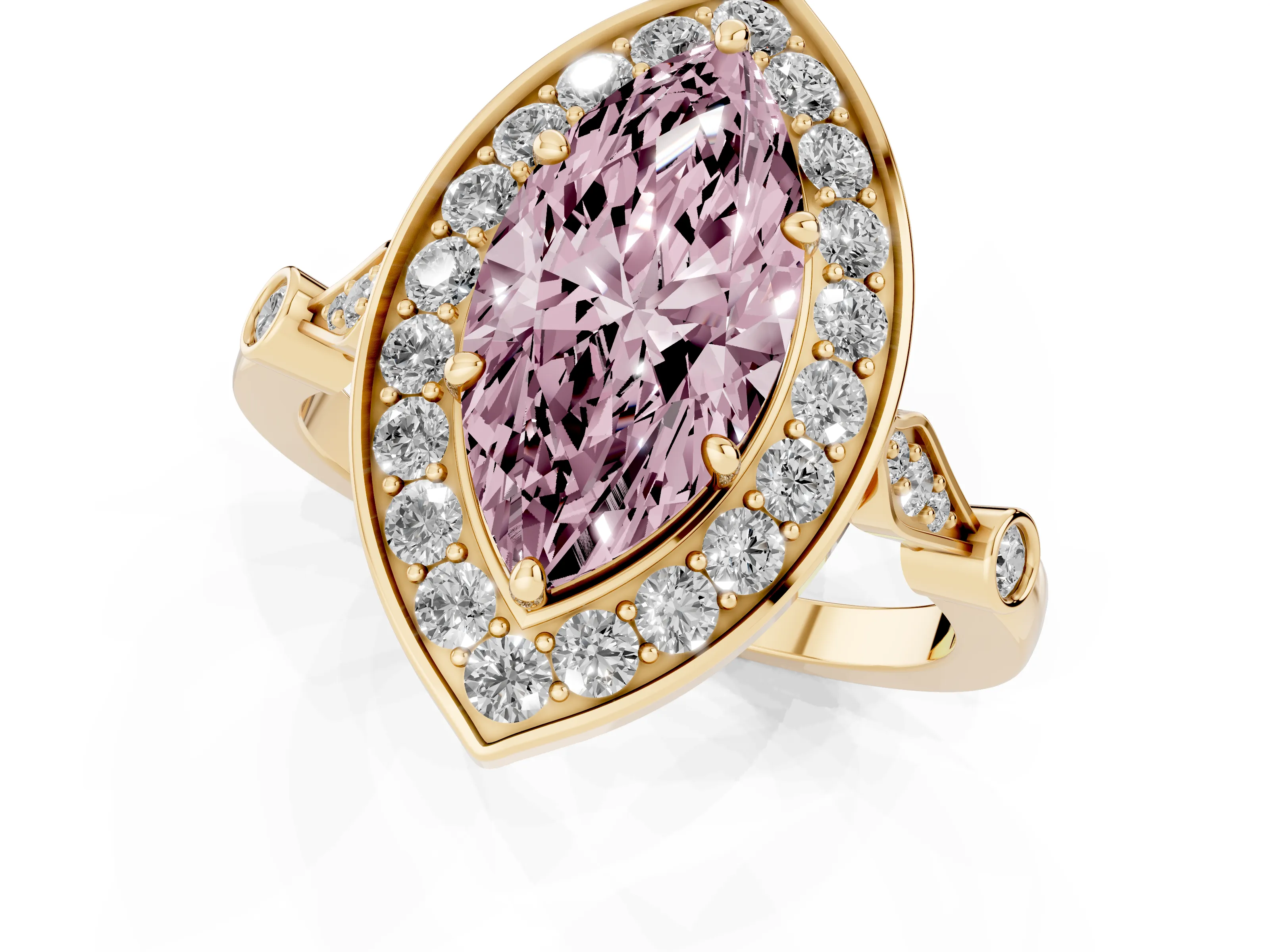 Fancy Pink Marquise Cut Diamond Halo Engagement Ring Set in Yellow gold with Twisted Band and Prong Setting