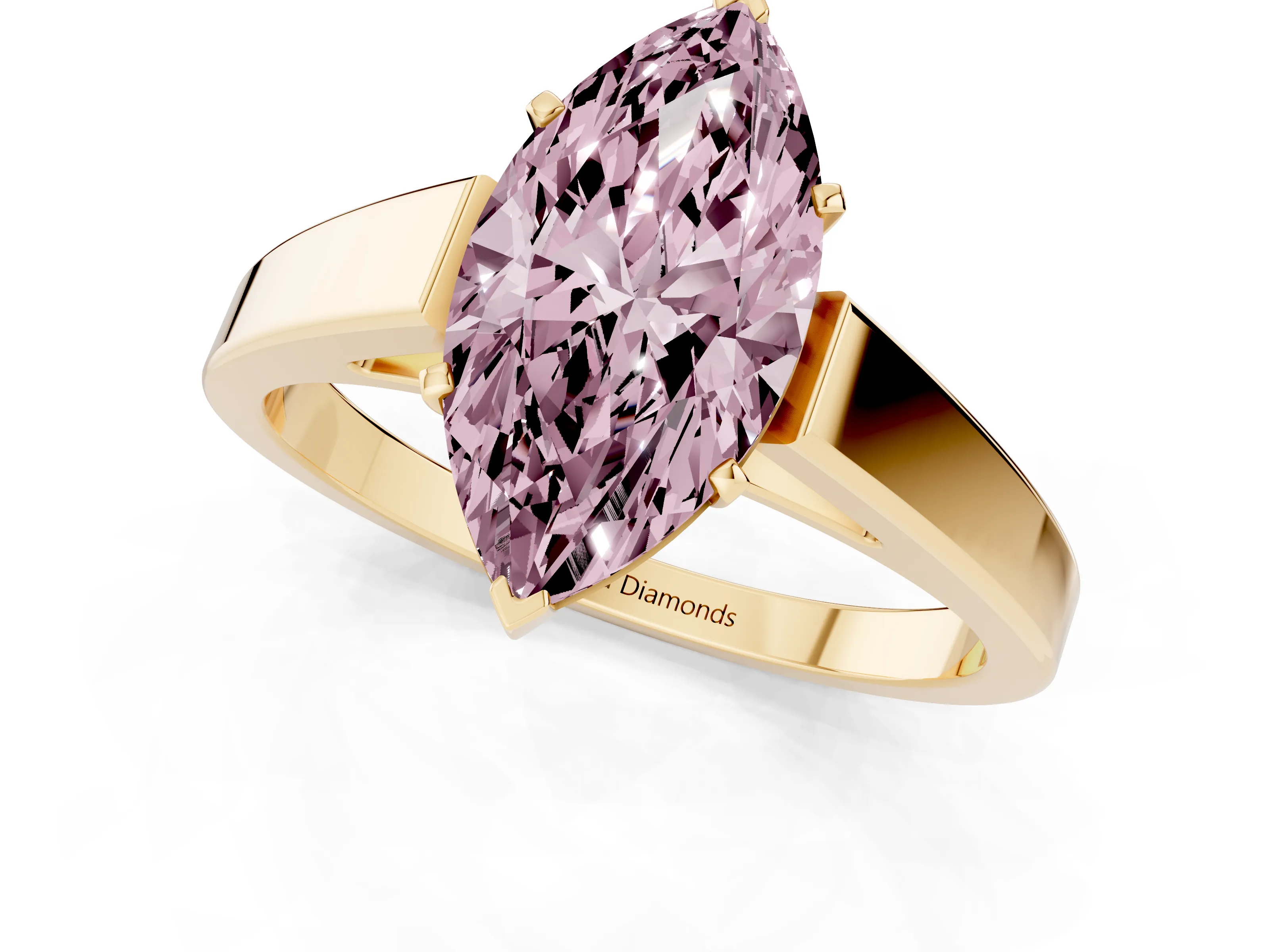 Fancy Pink Marquise Cut Diamond Solitaire Engagement Ring Set in Yellow gold with Prong Setting and Tapered Band