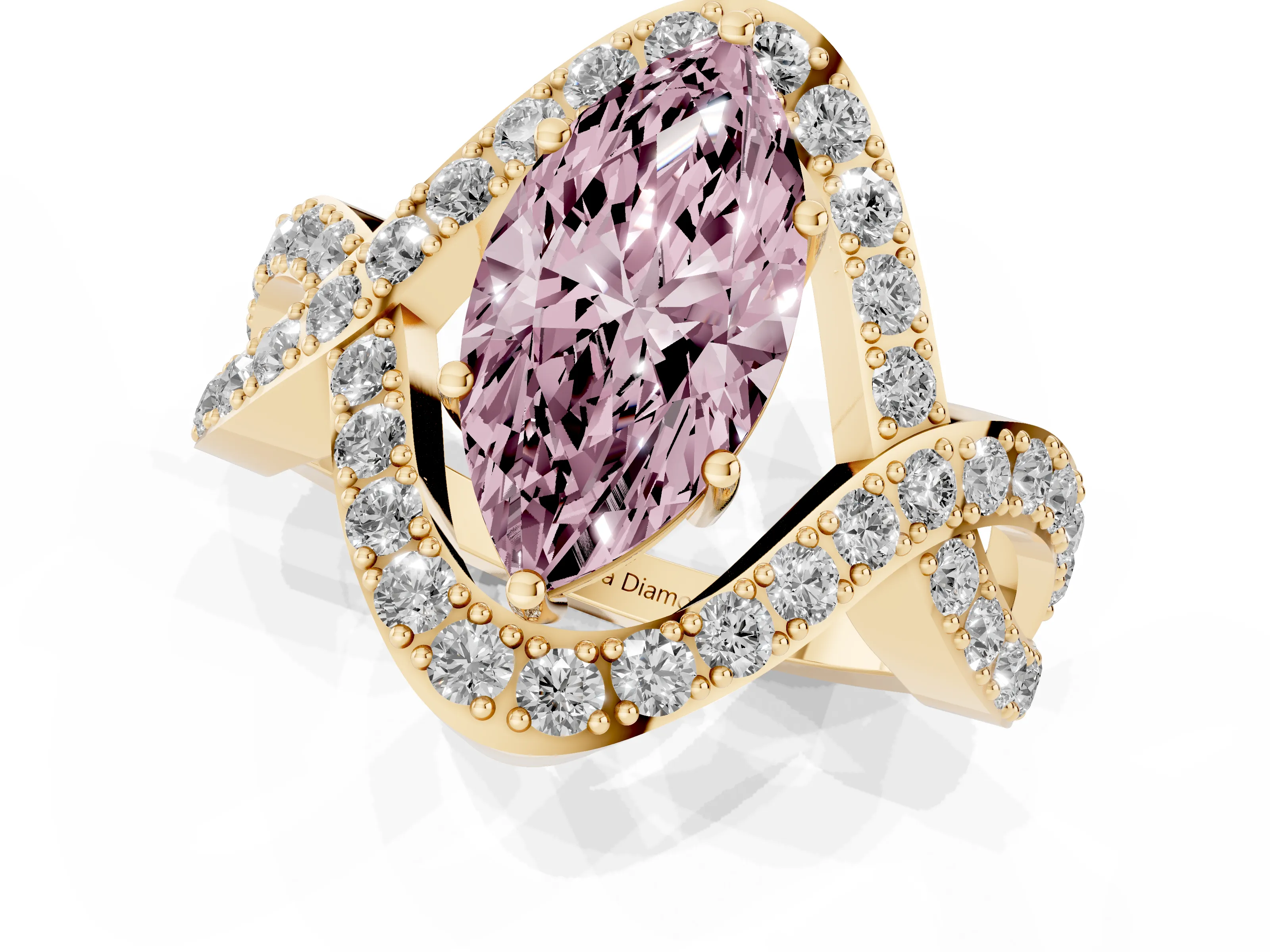 Fancy Pink Marquise Cut Diamond Solitaire Twist Band Pavé Engagement Ring Set in Yellow gold