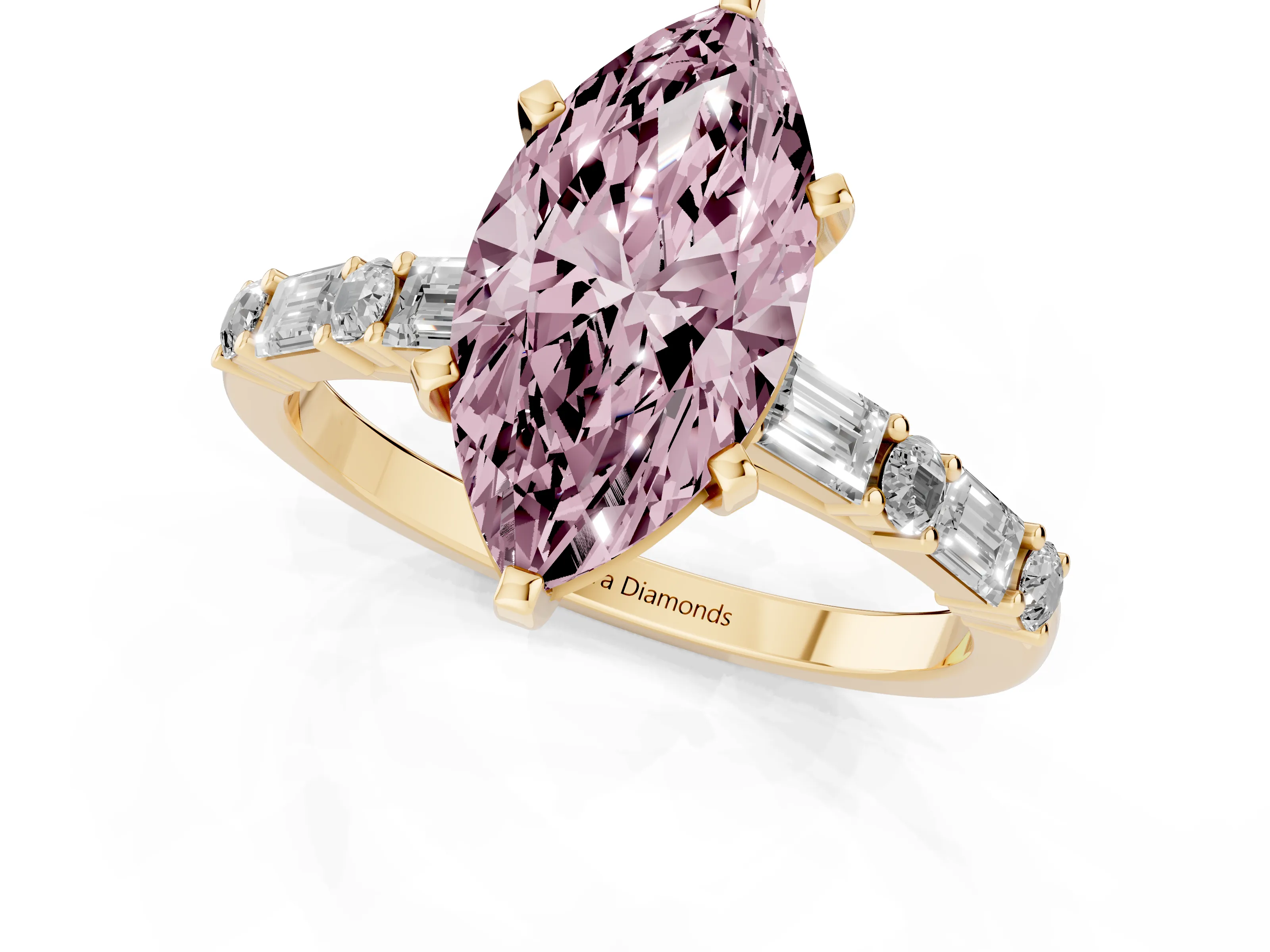 Fancy Pink Marquise Cut Diamond Solitaire Set in Yellow gold with Side Baguettes and Channel Set Band
