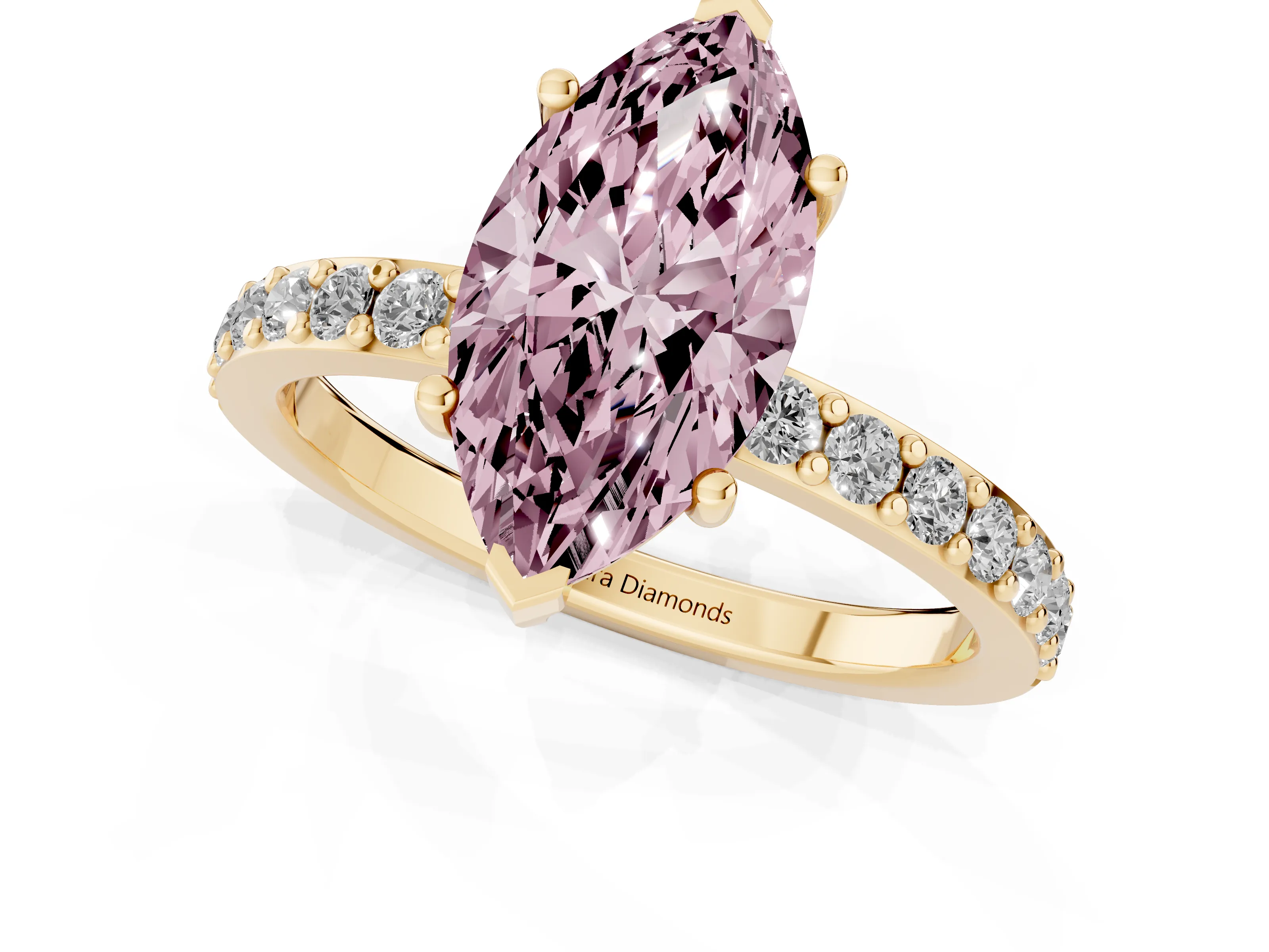 Fancy Pink Marquise Cut Diamond Solitaire Set in Yellow gold with Round Pavé Band and Prong Setting