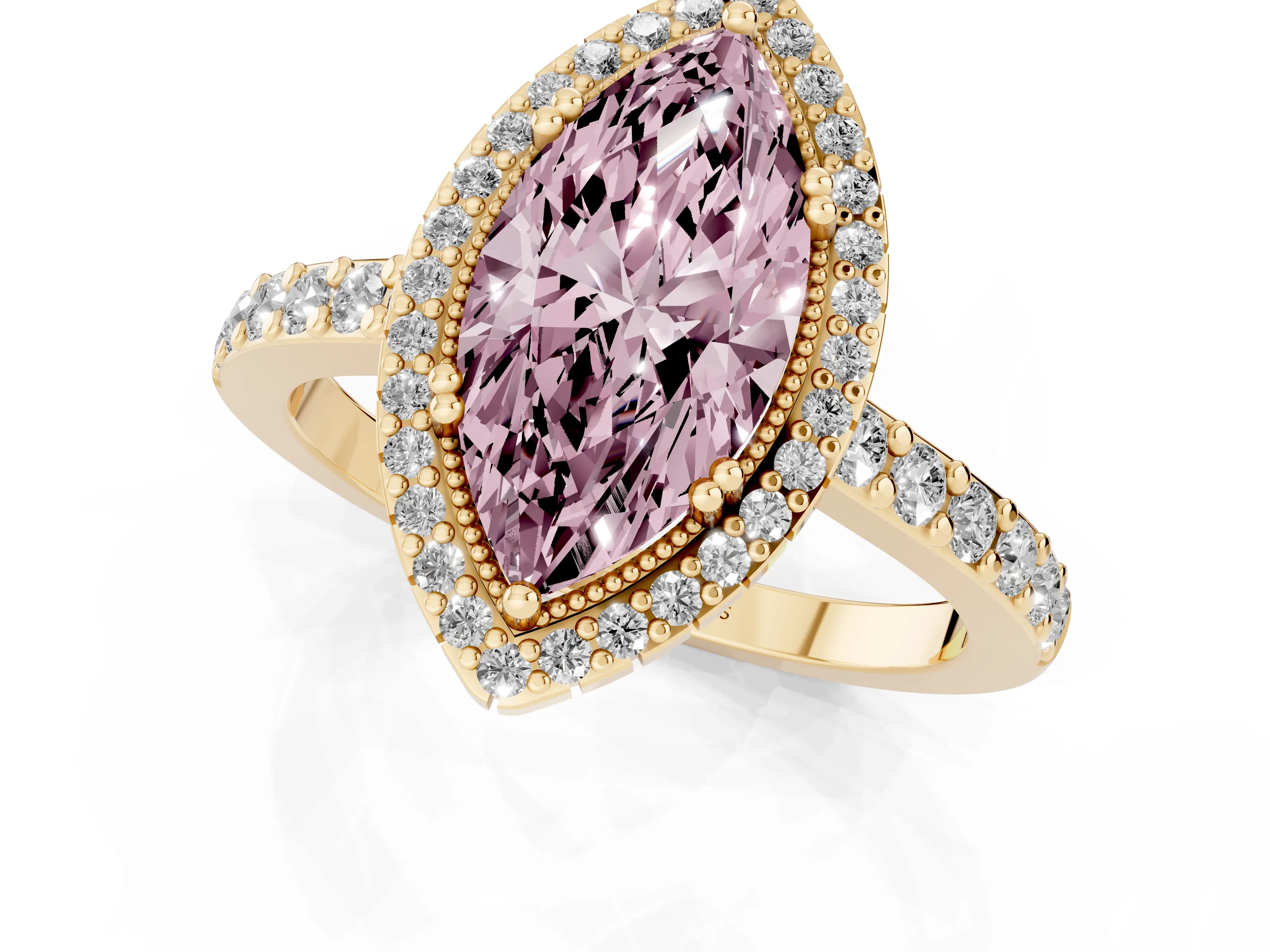 Fancy Pink Marquise Cut Diamond Halo Engagement Ring Set in Yellow gold with Milgrain Detail and Pavé Band