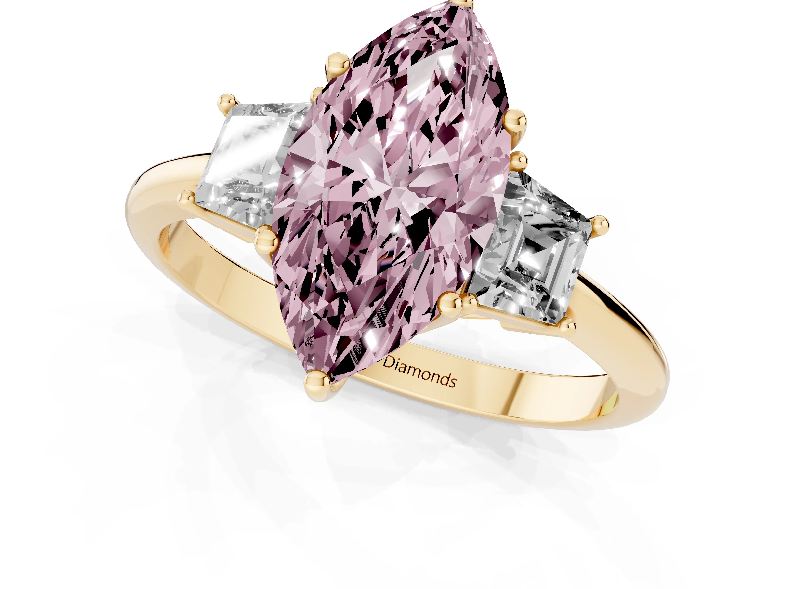 Fancy Pink Marquise Cut Diamond Three-Stone Ring Set in Yellow gold with Trapezoid Side Stones and Prong Setting