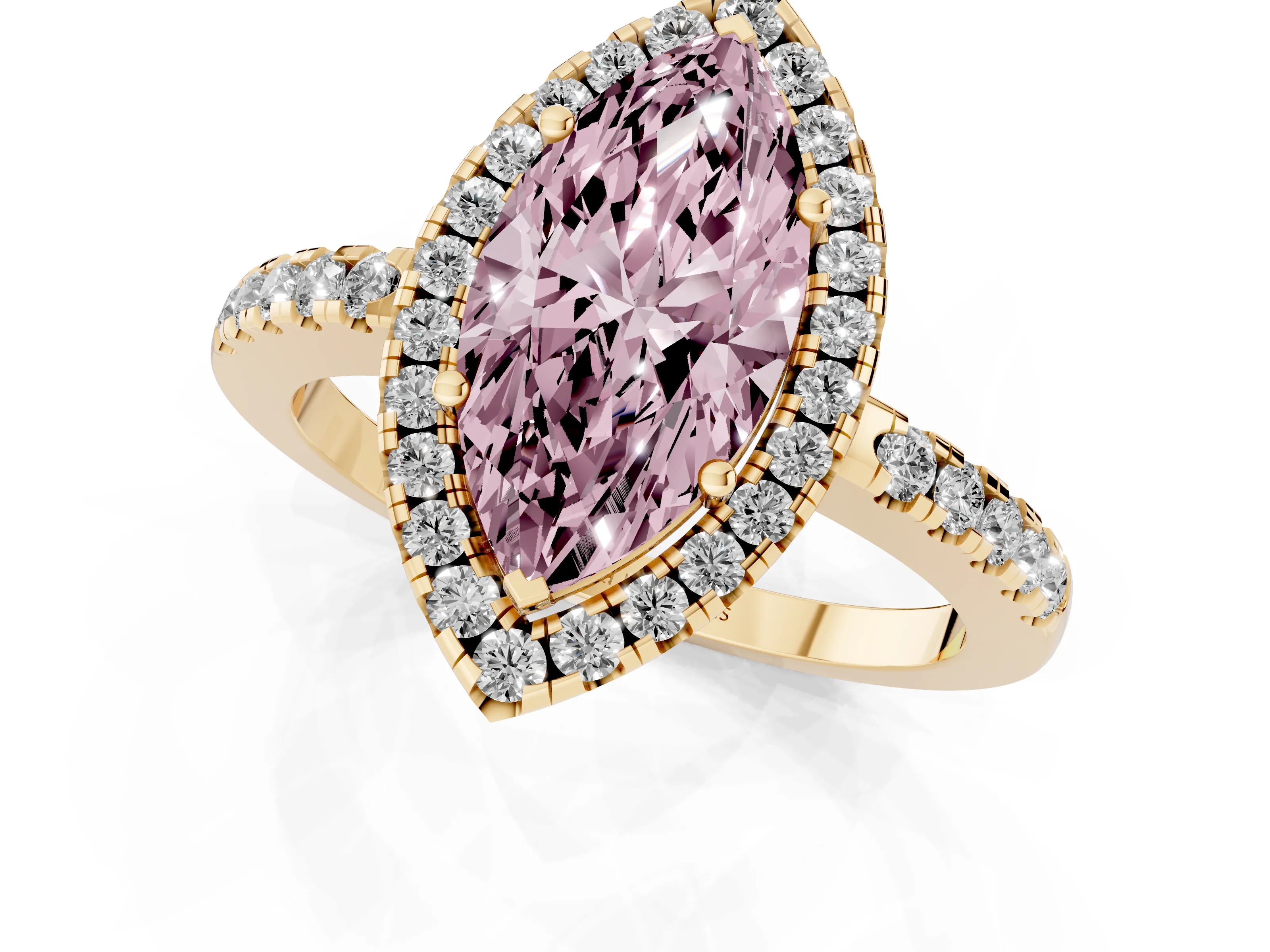 Fancy Pink Marquise Cut Diamond Pavé Band Halo Engagement Ring Set in Yellow gold with Prong Setting