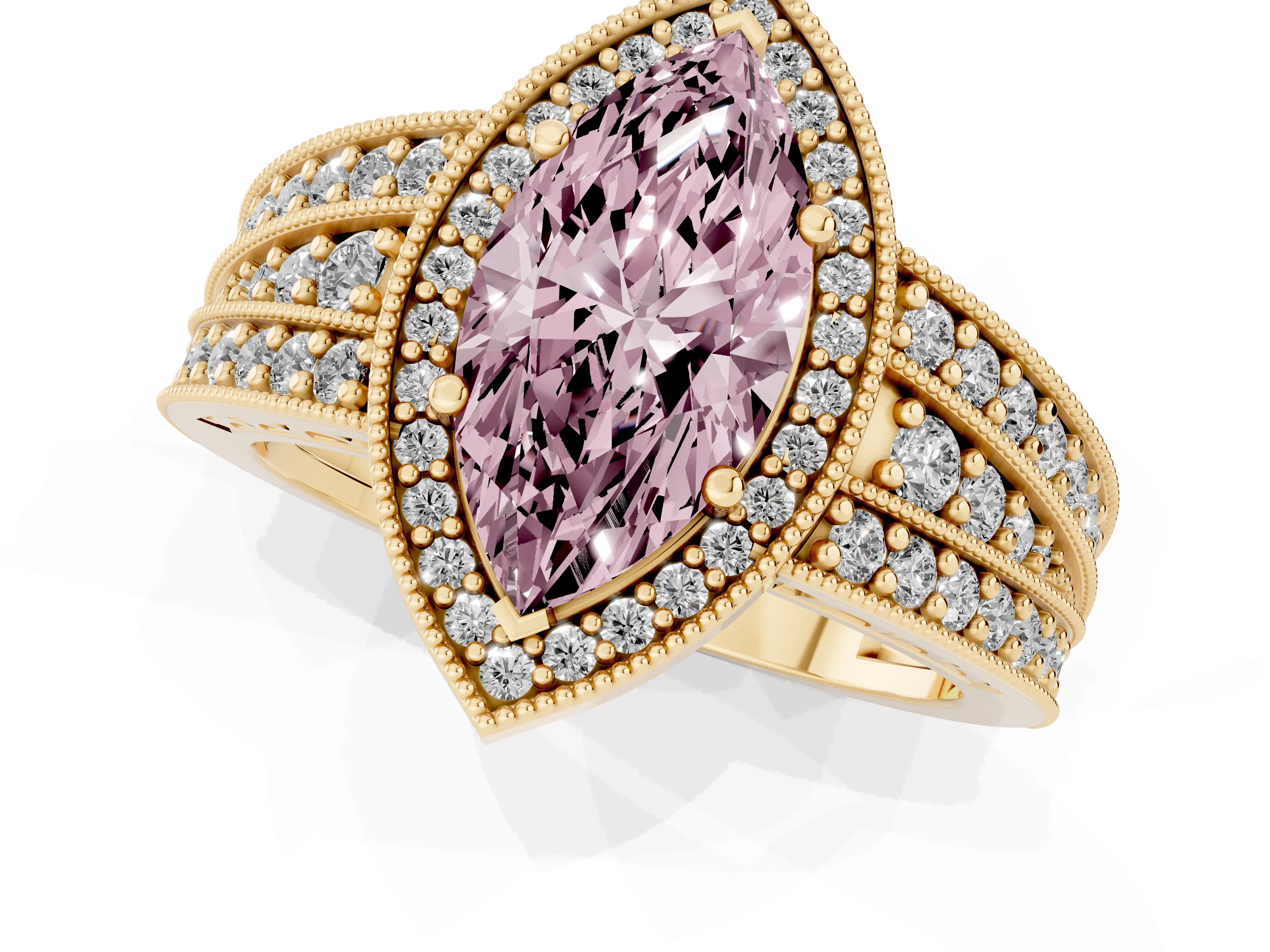 Fancy Pink Marquise Cut Diamond Halo Ring Set in Yellow gold with Accent Split Shank and Prong Setting