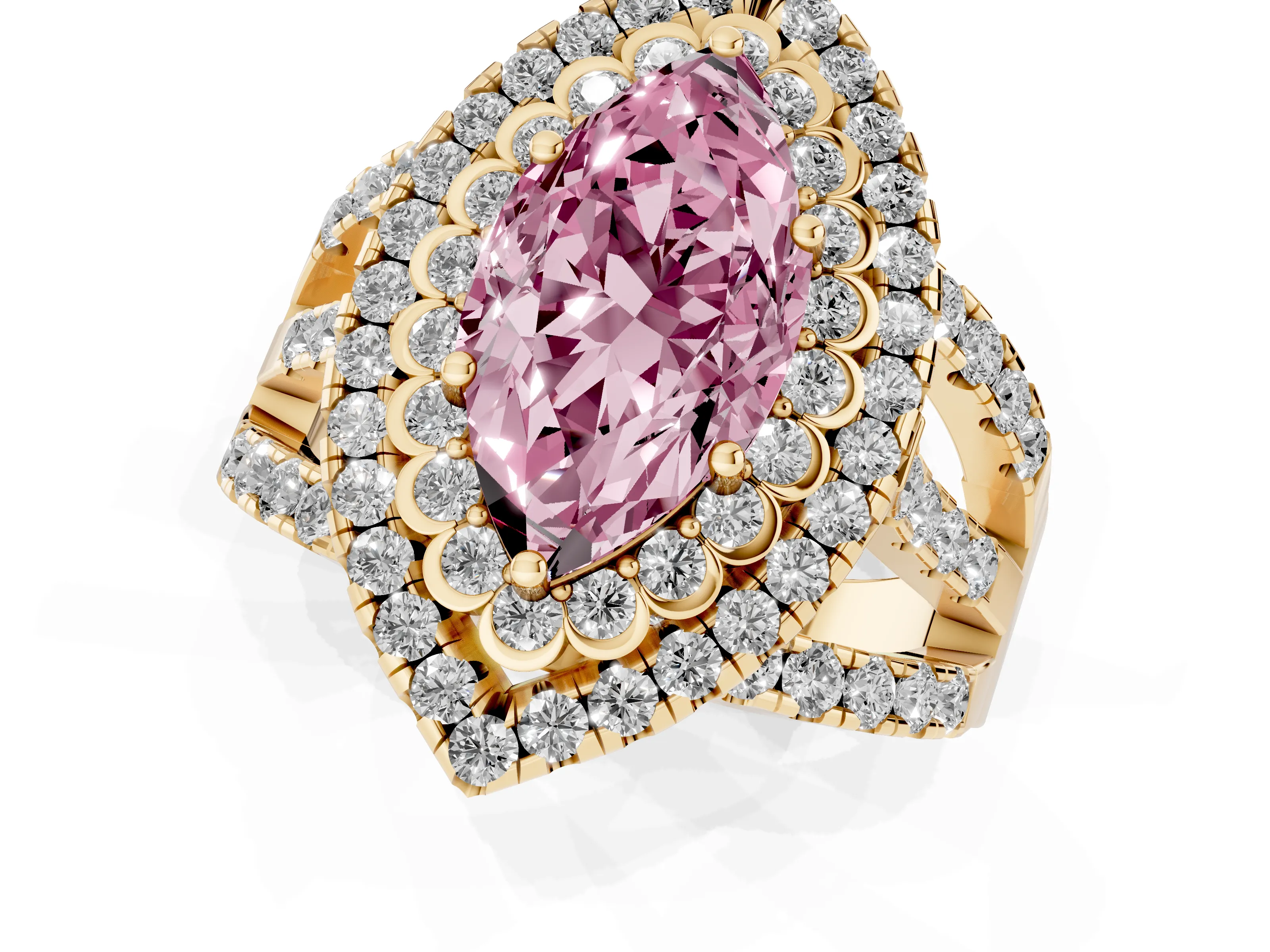 Fancy Pink Marquise Cut Diamond Double Halo Ring Set in Yellow gold with Round Pavé Split Shank
