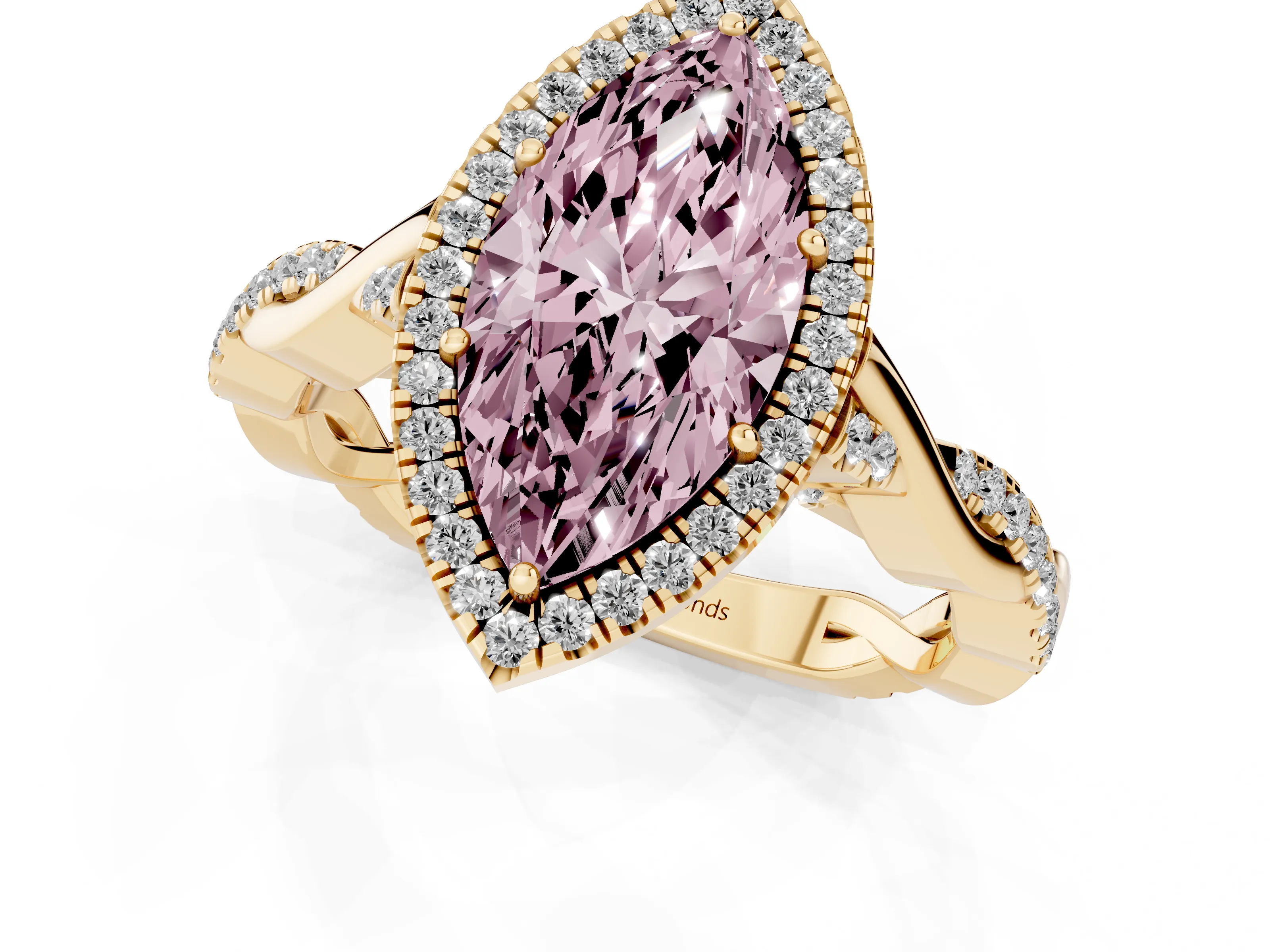 Fancy Pink Marquise Cut Diamond Halo Twist Band Solitaire Ring Set in Yellow gold with Prong Setting
