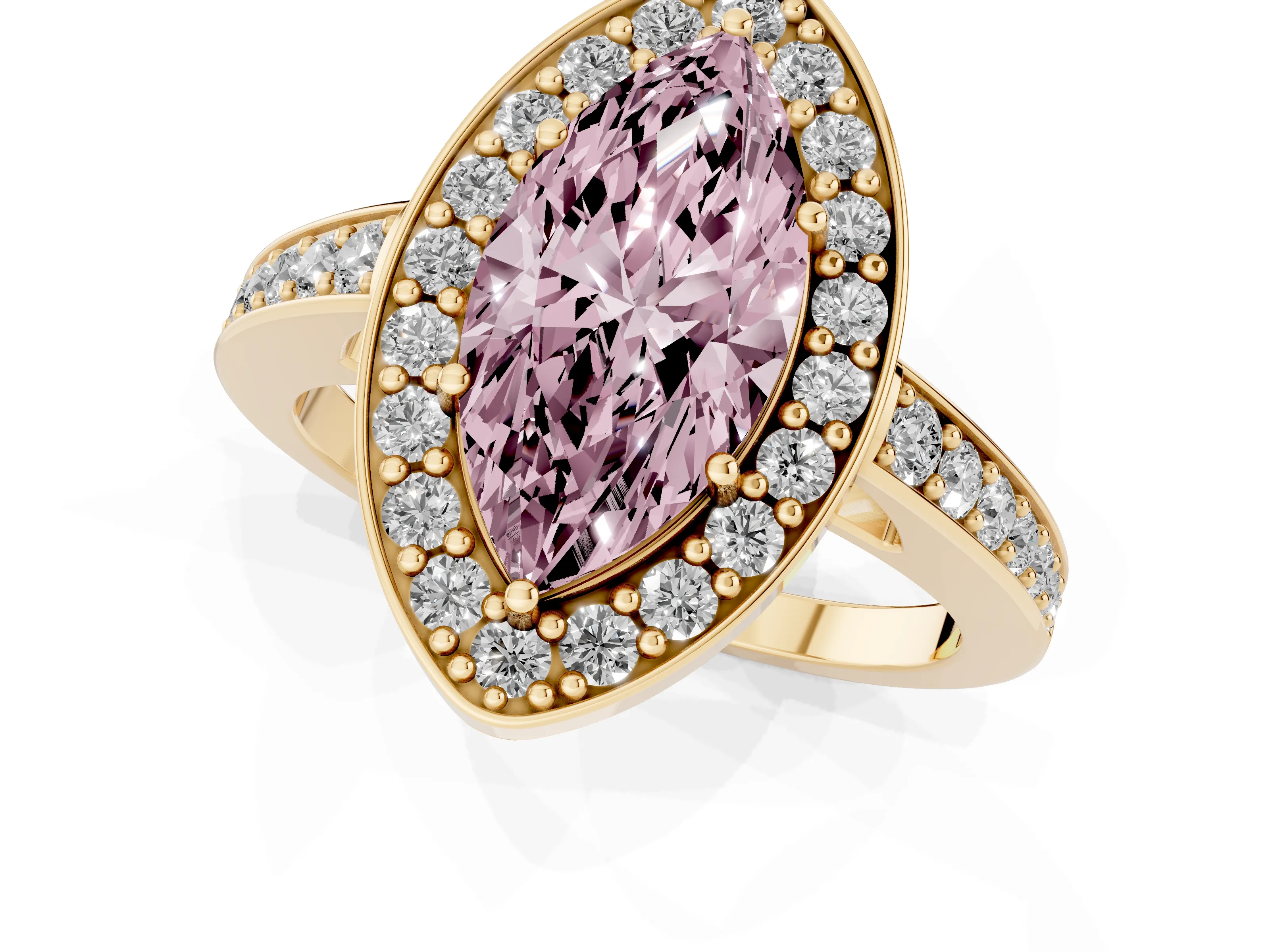 Fancy Pink Marquise Cut Diamond Halo Pavé Engagement Ring Set in Yellow gold with Bezel Setting