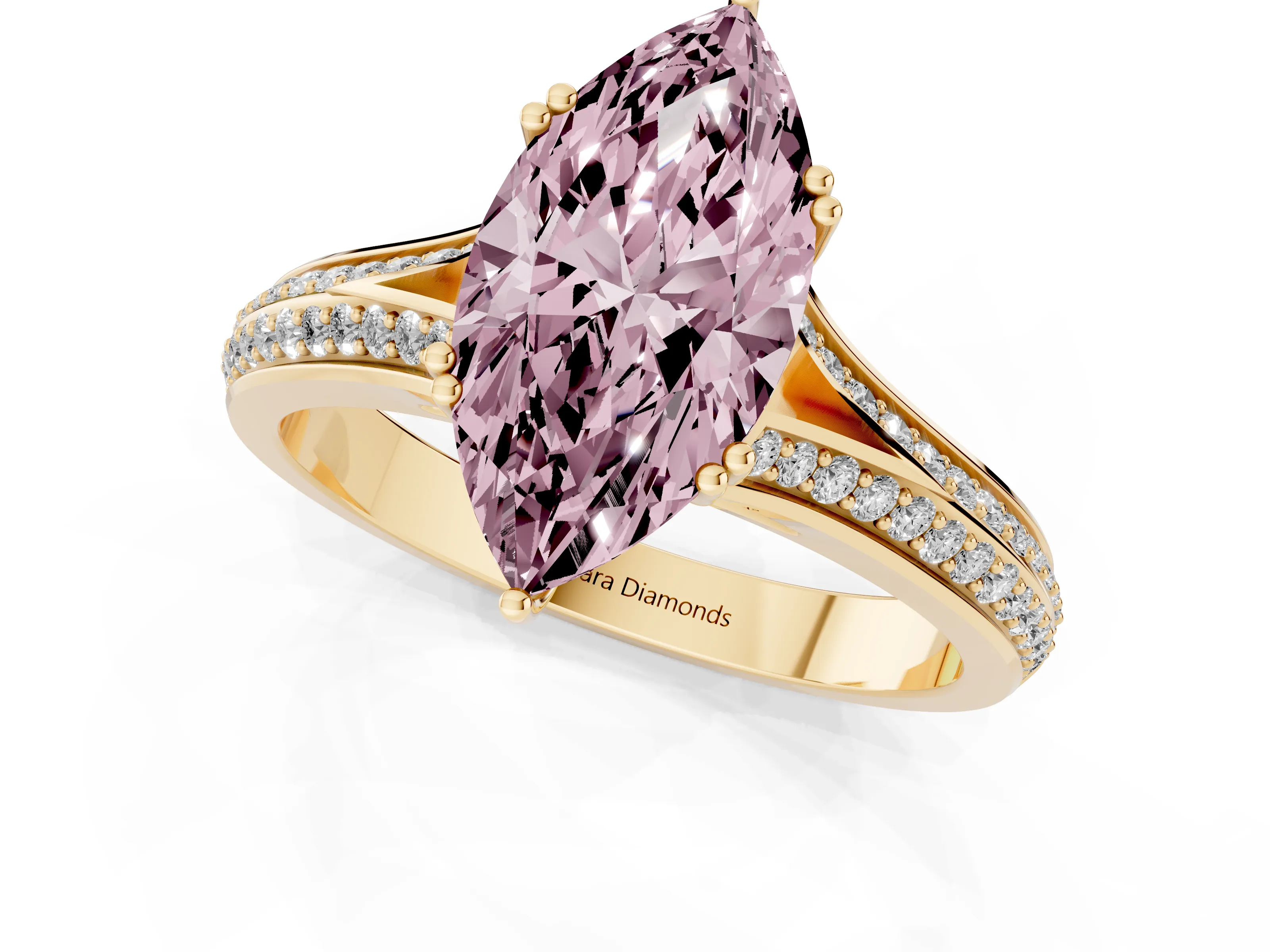Fancy Pink Marquise Cut Diamond Split Shank Pavé Engagement Ring Set in Yellow gold with Prong-Set Center Stone