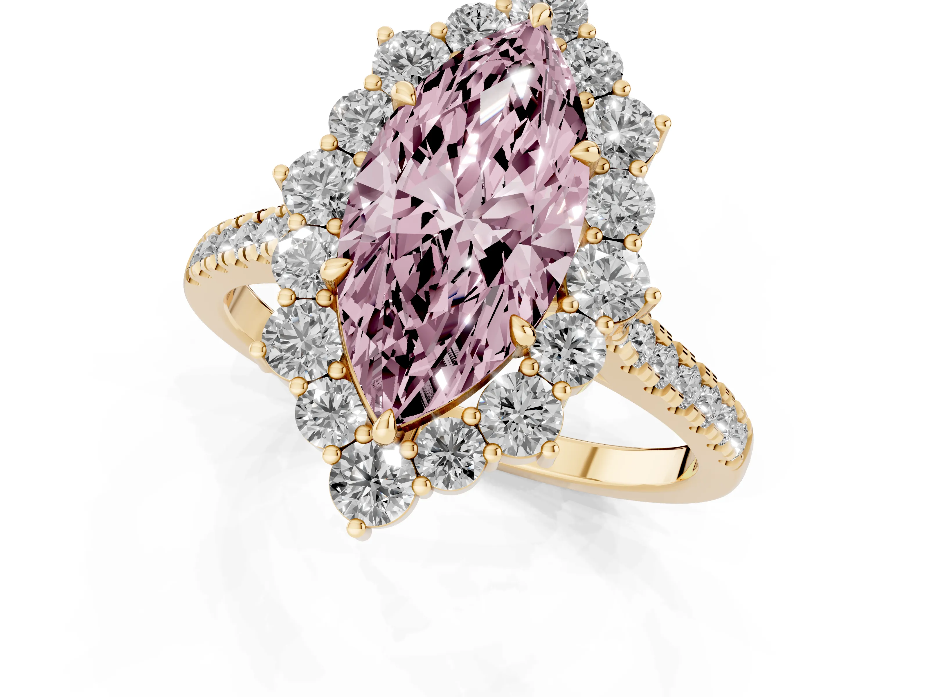 Fancy Pink Marquise Cut Diamond Halo Ring Set in Yellow gold with Pavé Band and Prong Setting