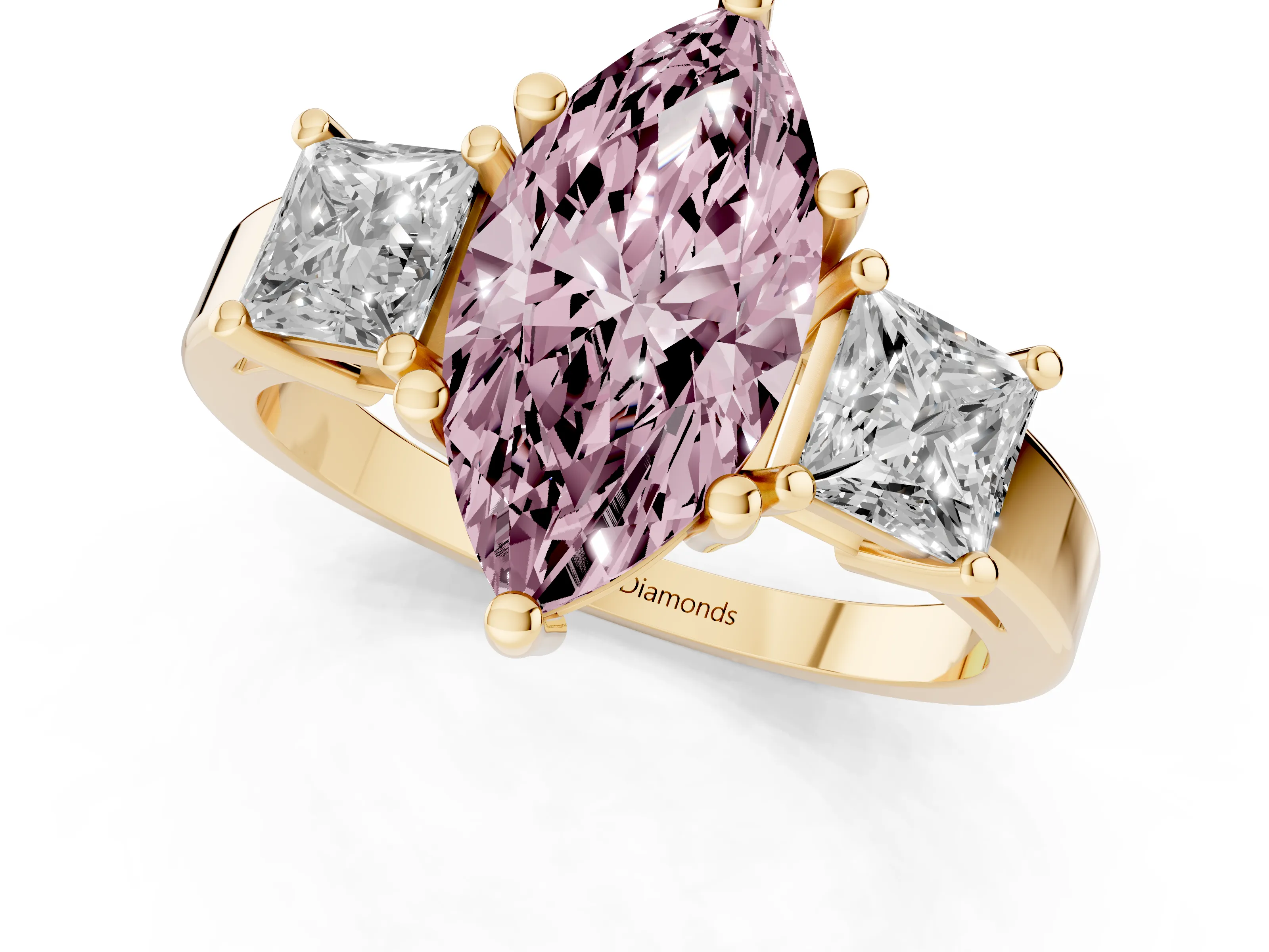 Fancy Pink Three-Stone Marquise Cut Diamond Solitaire Ring Set in Yellow gold with Prong Setting